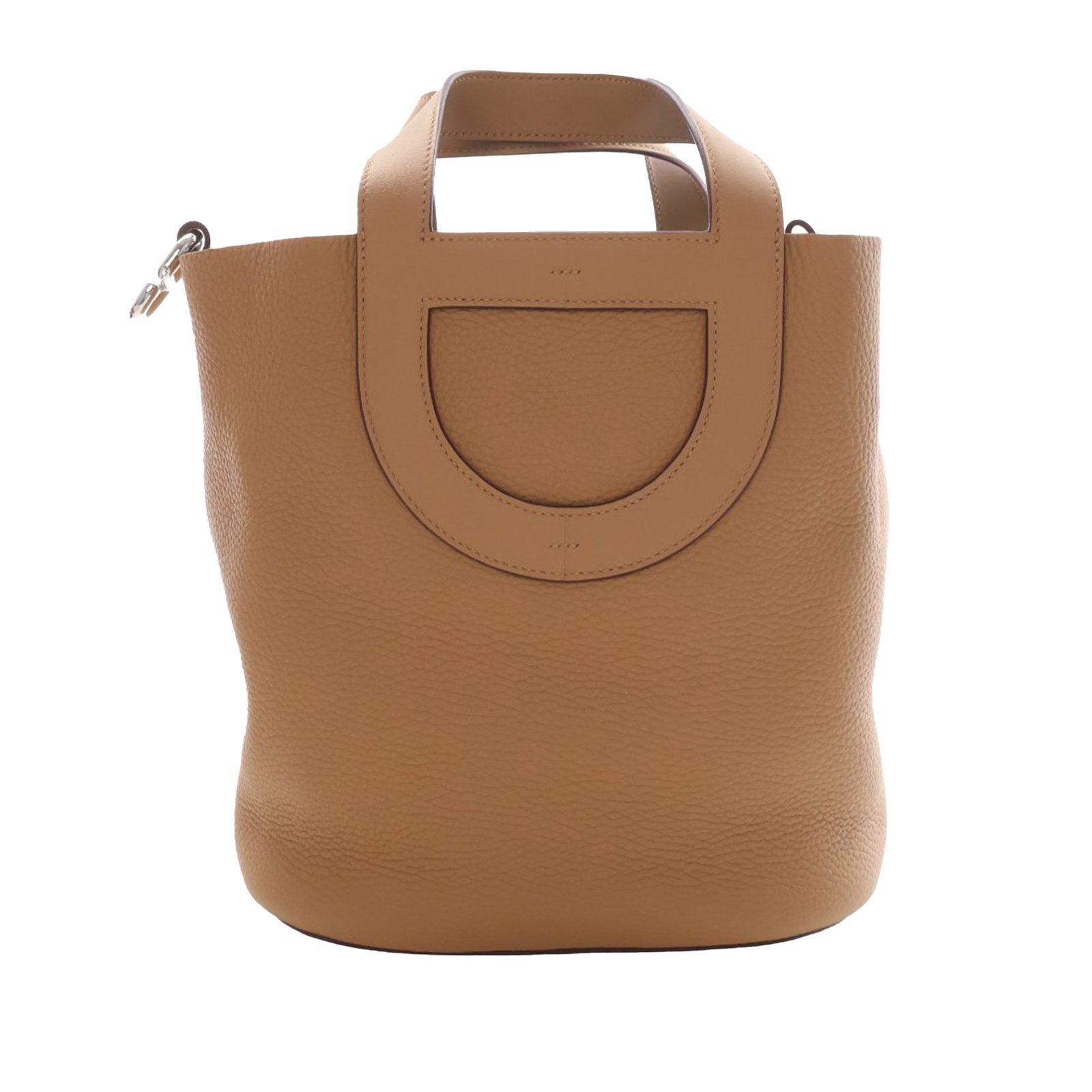 Hermes In the Loop 23 Leather Handbag Brown: Hermes In the Loop 23 Leather Handbag Brown Hermes In the Loop 23 handbag crafted in Clemence and Swift leather. This open-top bag features flat leather handles, a hook closure, and an interior slip p