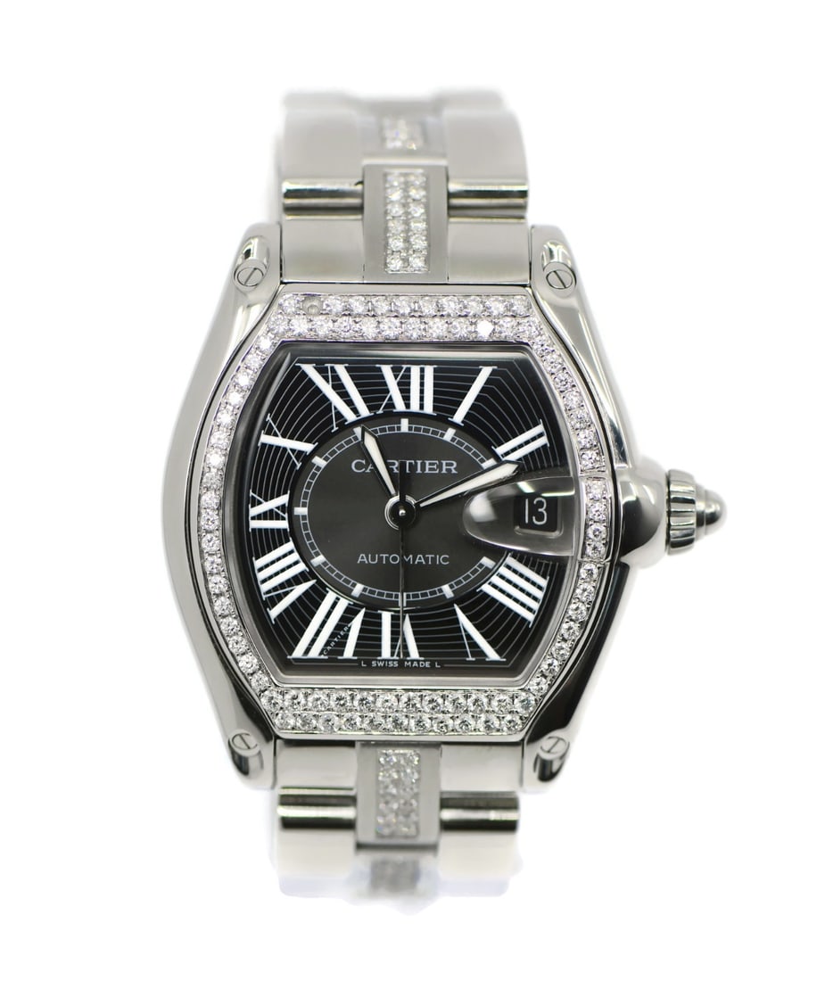 Cartier Roadster W62041V3 Large Automatic Diamond Steel Wristwatch with Box: Cartier Roadster W62041V3 Large Automatic Diamond Steel Wristwatch with Box This Cartier Roadster Large wristwatch features a black analog dial and a mechanical automatic movement. The case and band a
