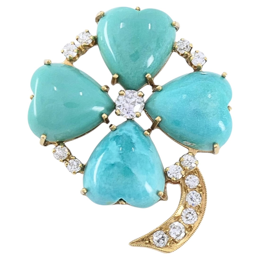 Mid Century 14k Gold Four Leaf Clover Pendant Turquoise Diamond Hearts (1 of 9)
