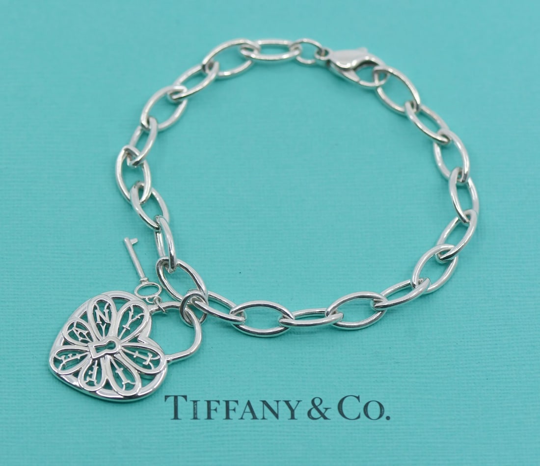Tiffany Heart Lock and Key 925 Silver Charm Bracelet 7.5 Inch (1 of 3)