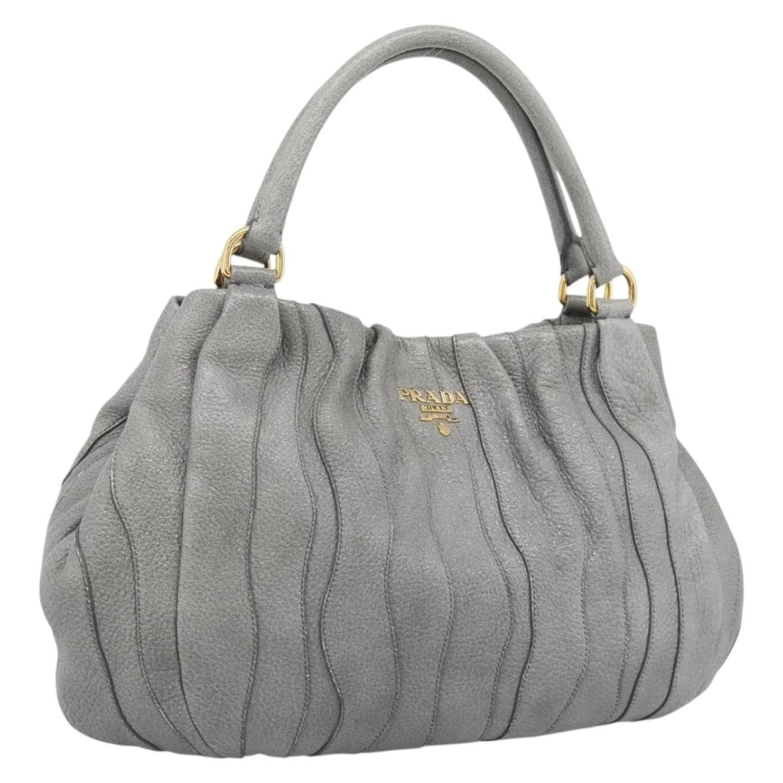 PRADA Leather Handbag Gray with Gold Tone Dust Bag: PRADA Leather Handbag Gray with Gold Tone Dust Bag Prada gray leather handbag with gold-tone accents, made in Italy. Includes a dust bag. Condition is AB/very good, with visible wear including rubbing