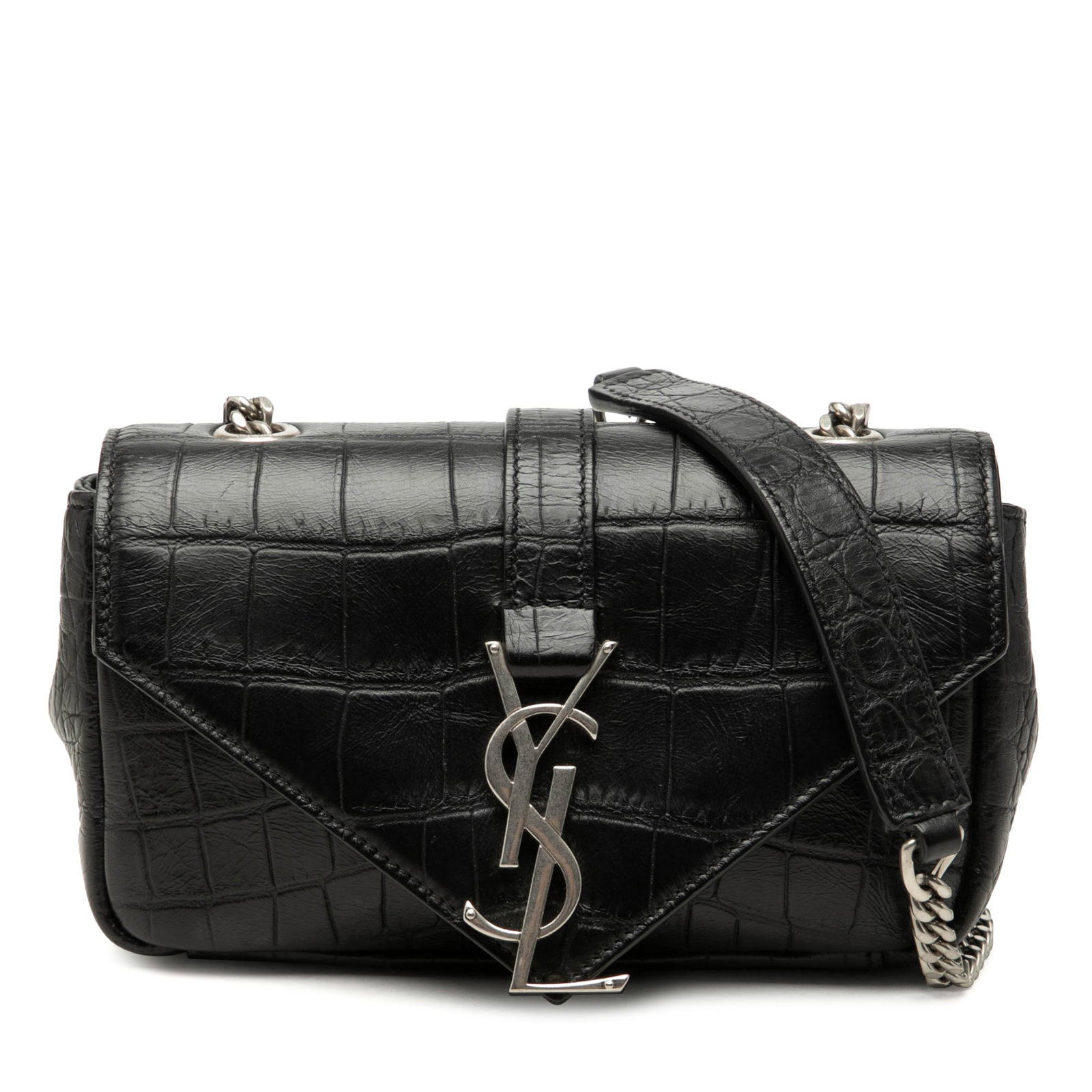 Saint Laurent Classic Monogram Chain Crossbody Baby Croc Embossed Leather: Saint Laurent Classic Monogram Chain Crossbody Baby Croc Embossed Leather This crossbody bag features an embossed leather body, a chain strap with leather guard, a front flap with a magnetic snap butt