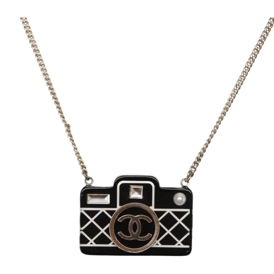 Black Metal Camera Pendant Necklace by CHANEL COCO Mark with Box: Black Metal Camera Pendant Necklace by CHANEL COCO Mark with Box This CHANEL COCO Mark Camera Necklace features a black metal design with the iconic CC logo. Crafted in France, it offers a total lengt