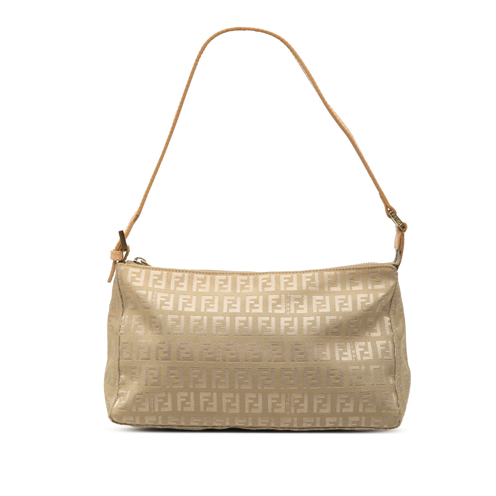 Fendi Zucchino canvas shoulder pochette bag beige: Fendi Zucchino canvas shoulder pochette bag beige Fendi Zucchino canvas pochette shoulder bag with a canvas body, flat leather shoulder strap, top zip closure, and an interior slip pocket. Made in Ita
