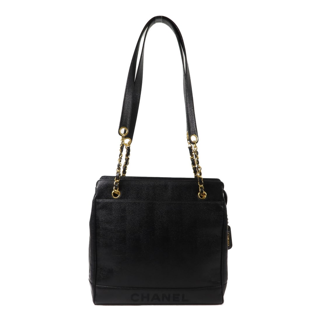 CHANEL CC vintage tote bag black calfskin with gold tone hardware: CHANEL CC vintage tote bag black calfskin with gold tone hardware Vintage Chanel tote bag in black calfskin leather with CC GHW detailing. This women's tote features an open top design with exterior o