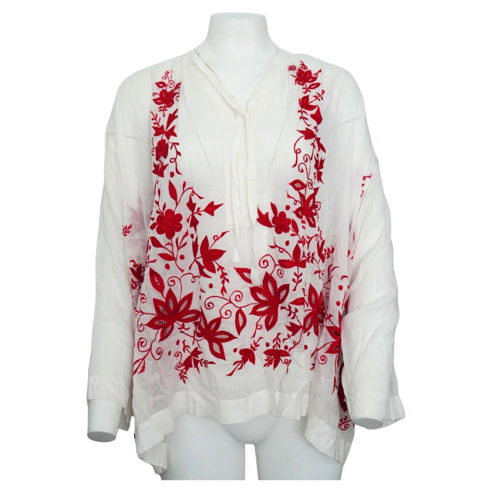 Dries van Noten embroidered cotton tunic blouse white red floral size 40: Dries van Noten embroidered cotton tunic blouse white red floral size 40 Dries van Noten oversized tunic blouse in white cotton with red floral embroidery across the front and sleeves. It features a s