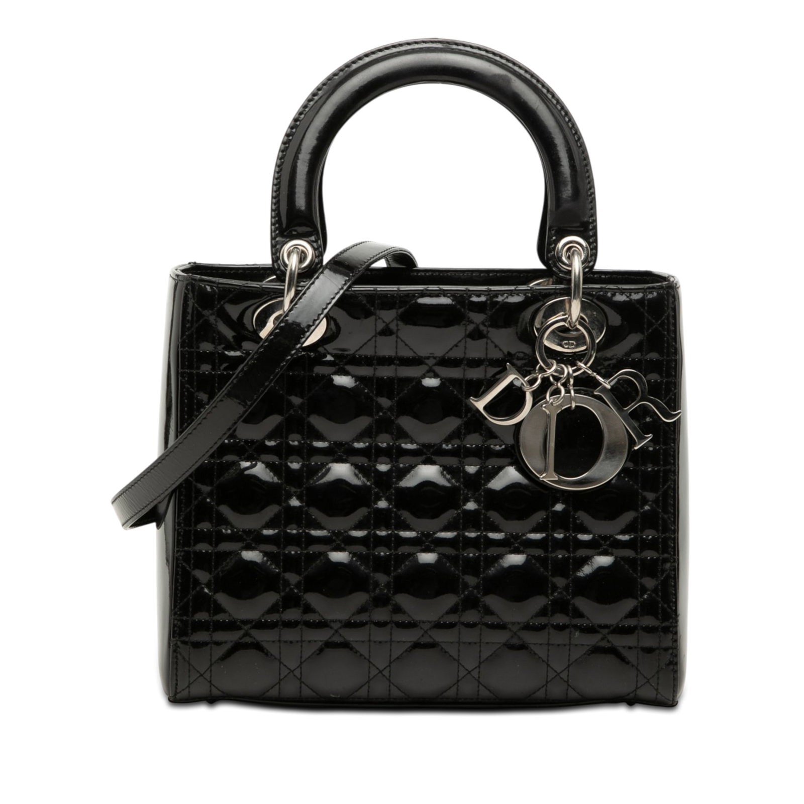 Dior Lady Dior Medium Cannage Patent Leather Handbag Black: Dior Lady Dior Medium Cannage Patent Leather Handbag Black Medium Lady Dior handbag in black patent leather with Cannage quilting. It features flat top handles, a detachable flat leather strap, a top 