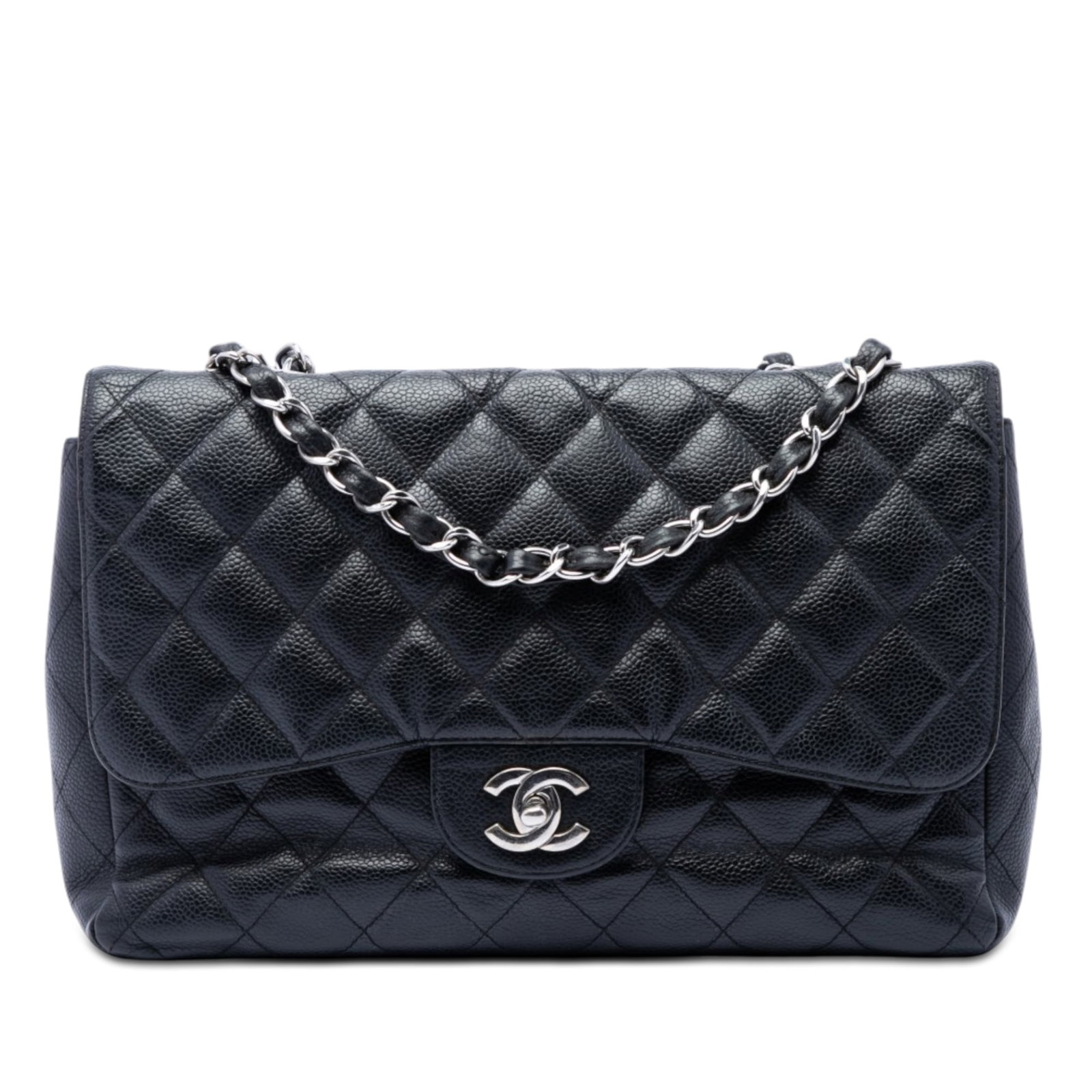 Chanel Jumbo Classic Single Flap Shoulder Bag in Black Caviar Leather: Chanel Jumbo Classic Single Flap Shoulder Bag in Black Caviar Leather Chanel Jumbo Classic Caviar Single Flap bag in black quilted caviar leather. This single flap style features leather-woven chain s
