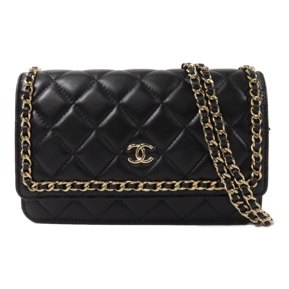 CHANEL WOC Wallet On Chain Black Lambskin Shoulder Bag CC GHW: CHANEL WOC Wallet On Chain Black Lambskin Shoulder Bag CC GHW CHANEL WOC Wallet On Chain shoulder bag in black lambskin leather with CC GHW styling. This women's shoulder bag features a compact wallet