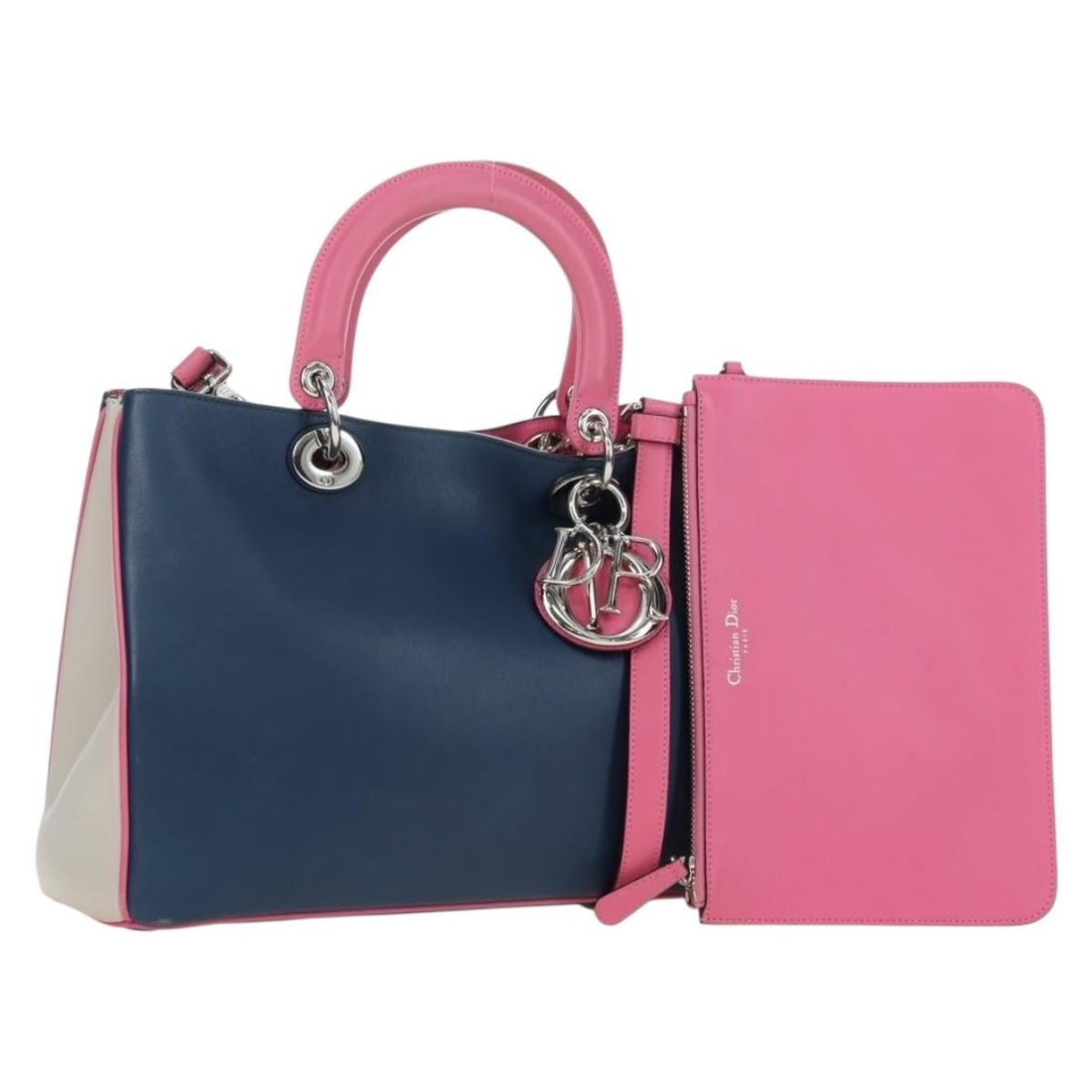 Christian Dior Lady Dior 2way Leather Hand Bag Navy Silver: Christian Dior Lady Dior 2way Leather Hand Bag Navy Silver Christian Dior Lady Dior tricolor 2-way handbag in navy and silver leather. This women's bag is made in Italy and includes a shoulder strap, 