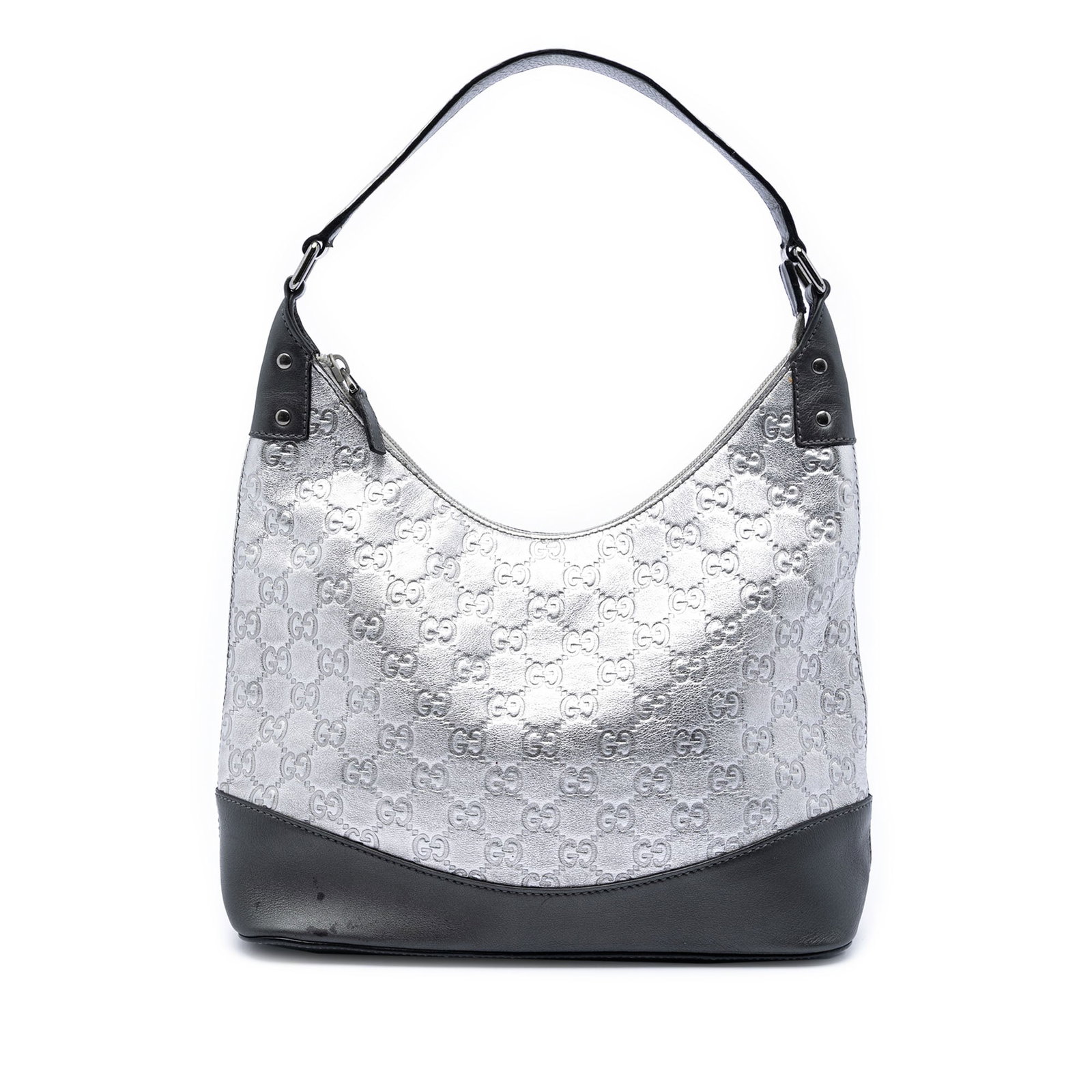 Gucci Metallic Guccissima Silver Leather Shoulder Bag: Gucci Metallic Guccissima Silver Leather Shoulder Bag This metallic Guccissima shoulder bag features an embossed leather body in silver, complemented by a flat leather strap and a top zip closure. The