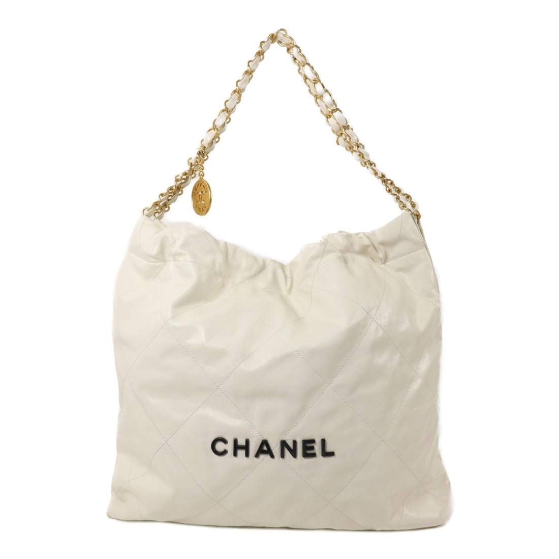 CHANEL AS3261 Chanel 22 Medium White Lambskin Tote Bag: CHANEL AS3261 Chanel 22 Medium White Lambskin Tote Bag Medium Chanel 22 chain tote bag in white lambskin with CC GHW styling. This women's tote includes a magnetic pocket, one inside zip pocket, a hol