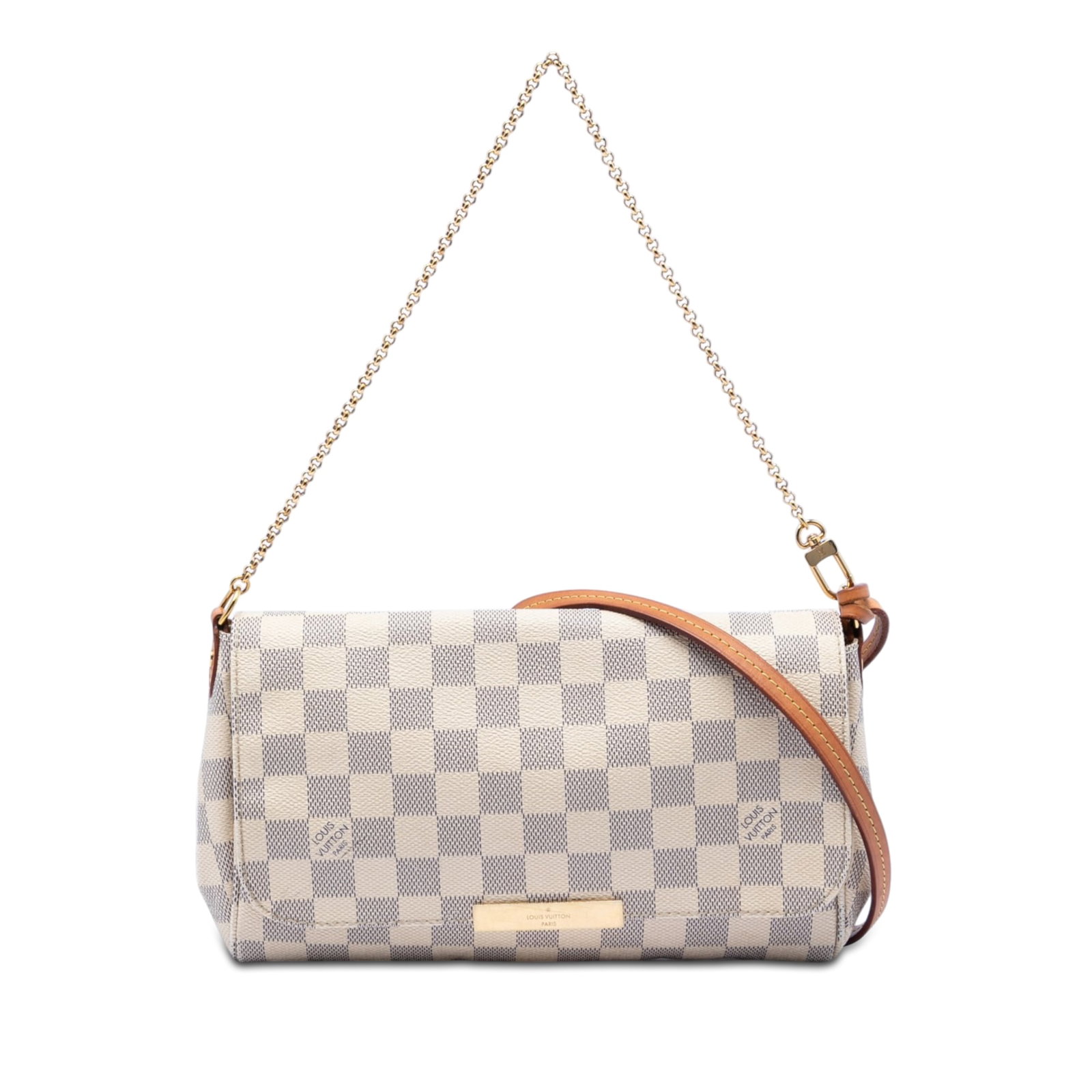 Louis Vuitton Damier Azur Favorite MM Shoulder Bag: Louis Vuitton Damier Azur Favorite MM Shoulder Bag This Louis Vuitton Damier Azur Favorite MM is crafted from signature Damier canvas in a white colorway. It features a gold-tone chain shoulder strap,