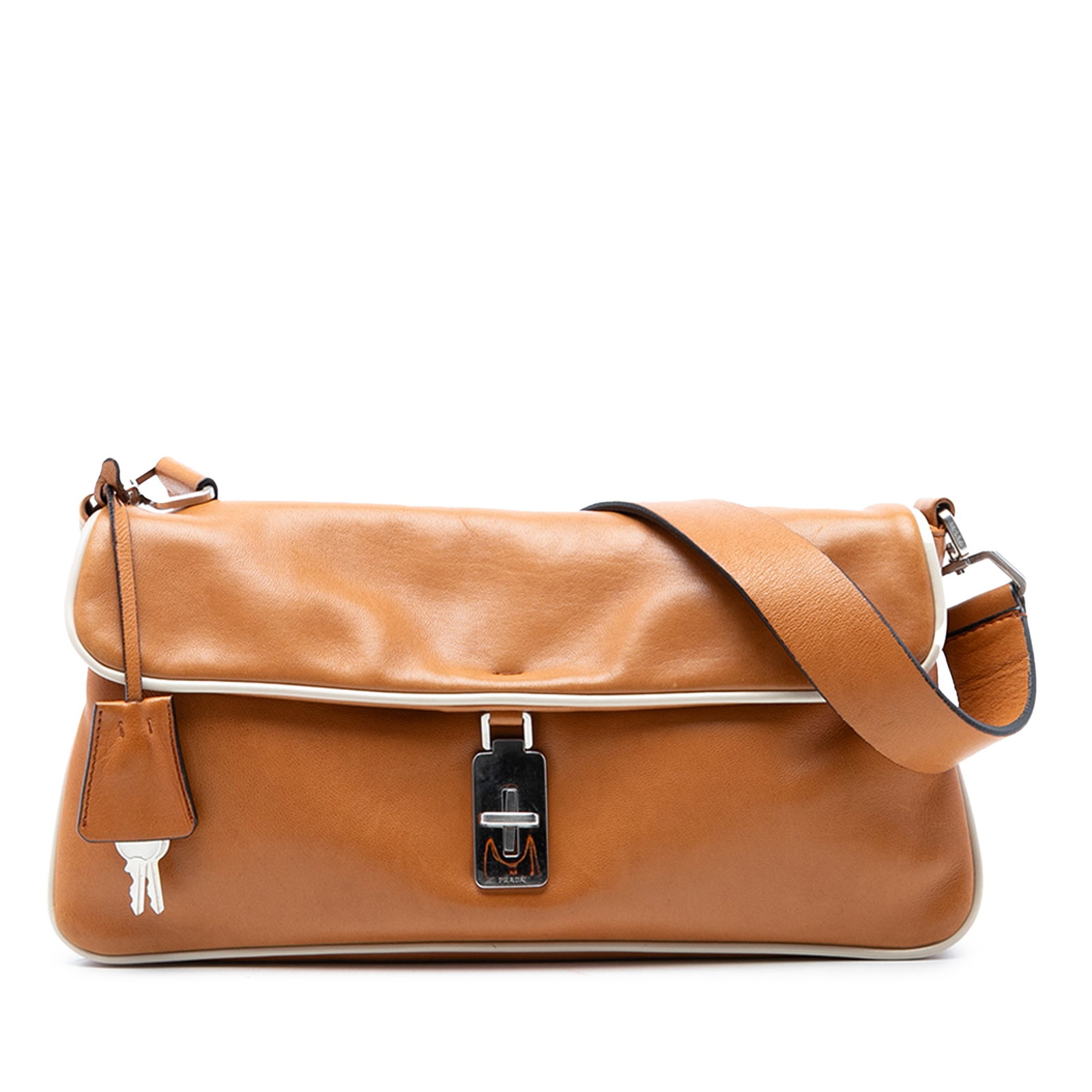 Prada brown leather flap shoulder bag twist lock: Prada brown leather flap shoulder bag twist lock This Prada shoulder bag is crafted from brown leather and features distinctive piping detail, a flat shoulder strap, and a front flap with a twist lock
