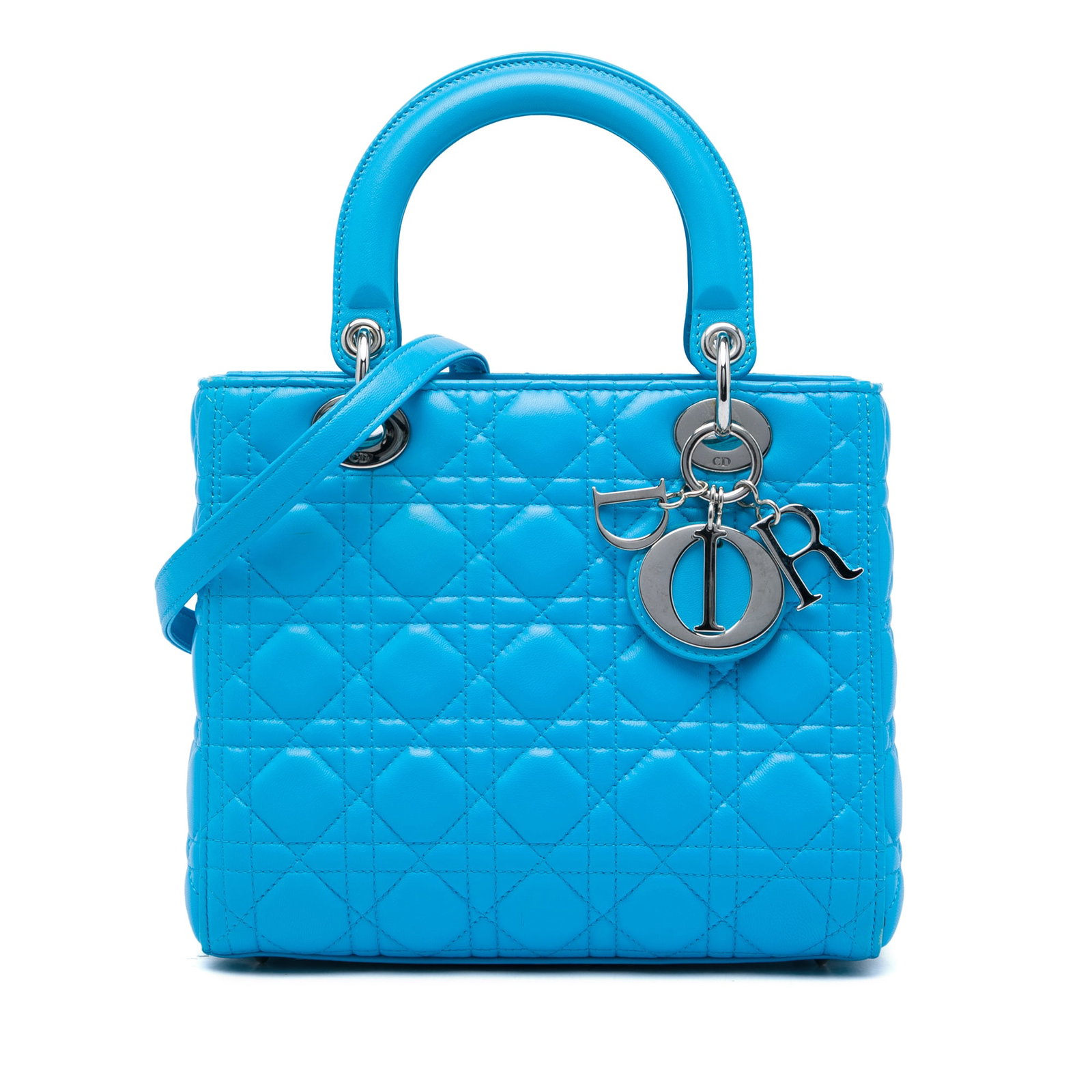 Dior Lady Dior Medium Blue Lambskin Cannage Bag: Dior Lady Dior Medium Blue Lambskin Cannage Bag Medium Lady Dior bag in blue lambskin with Cannage quilting. This handbag features flat leather top handles, a detachable flat leather shoulder strap, a