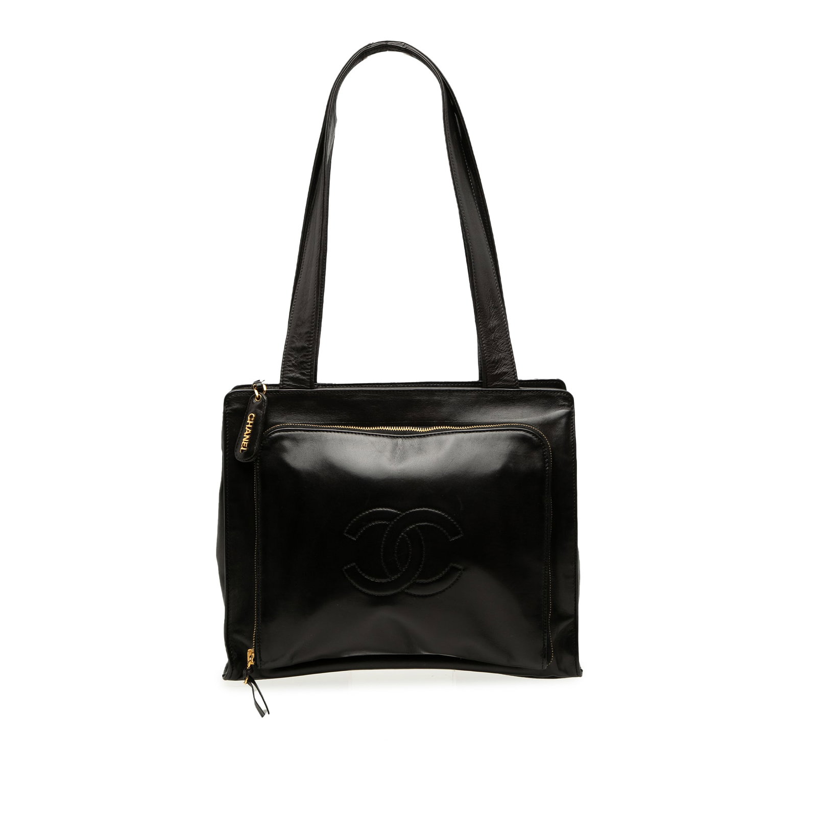 Chanel CC Front Zip Pocket Lambskin Tote Bag Black: Chanel CC Front Zip Pocket Lambskin Tote Bag Black Chanel CC Lambskin Front Zip Pocket Tote crafted in black lambskin leather. This tote features flat leather straps, a top zip closure, an exterior fr