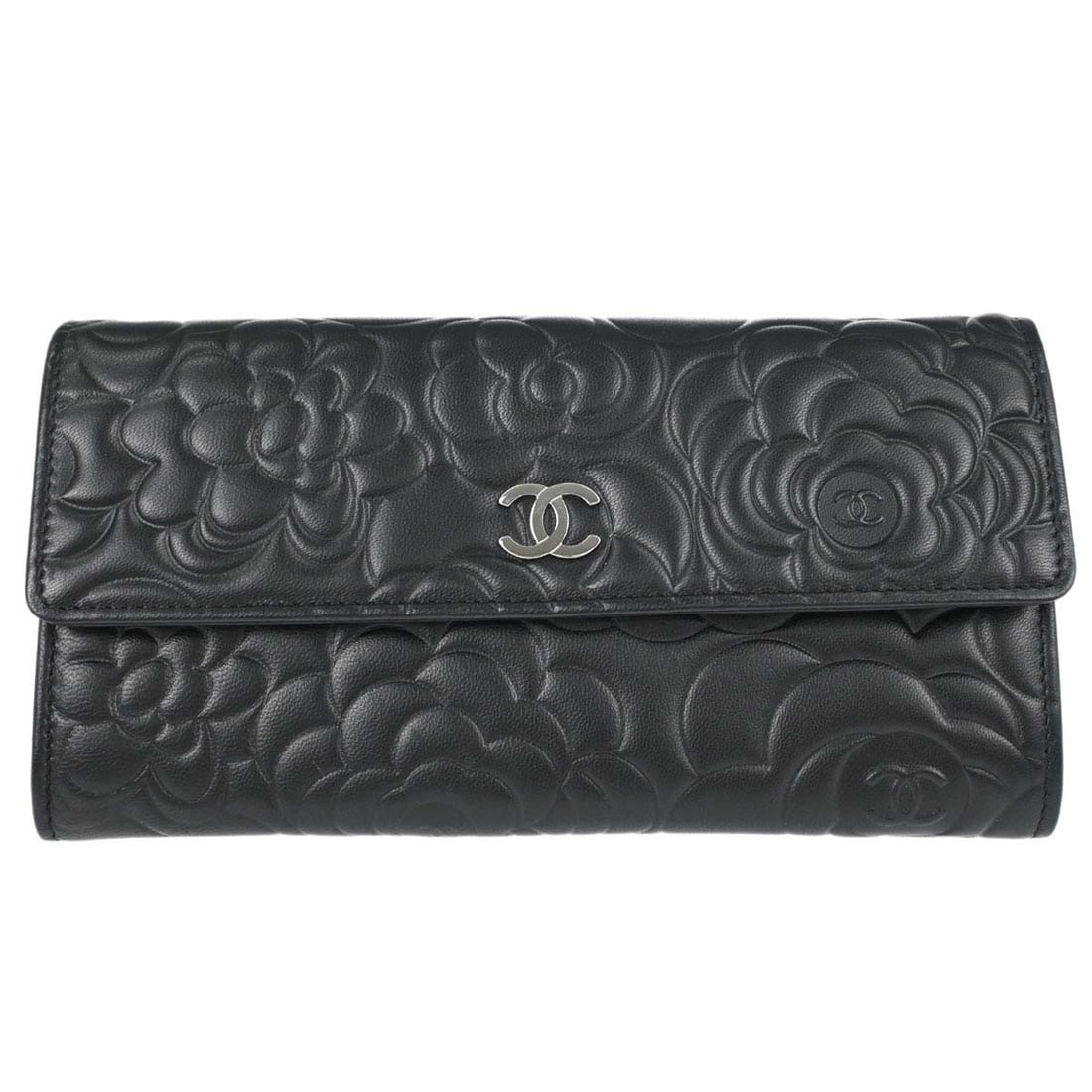 CHANEL Camellia CC Long Bifold Wallet Black Lambskin: CHANEL Camellia CC Long Bifold Wallet Black Lambskin Vintage Chanel long bifold wallet in black lambskin leather with CC pattern detailing. The wallet features a structured interior with multiple card