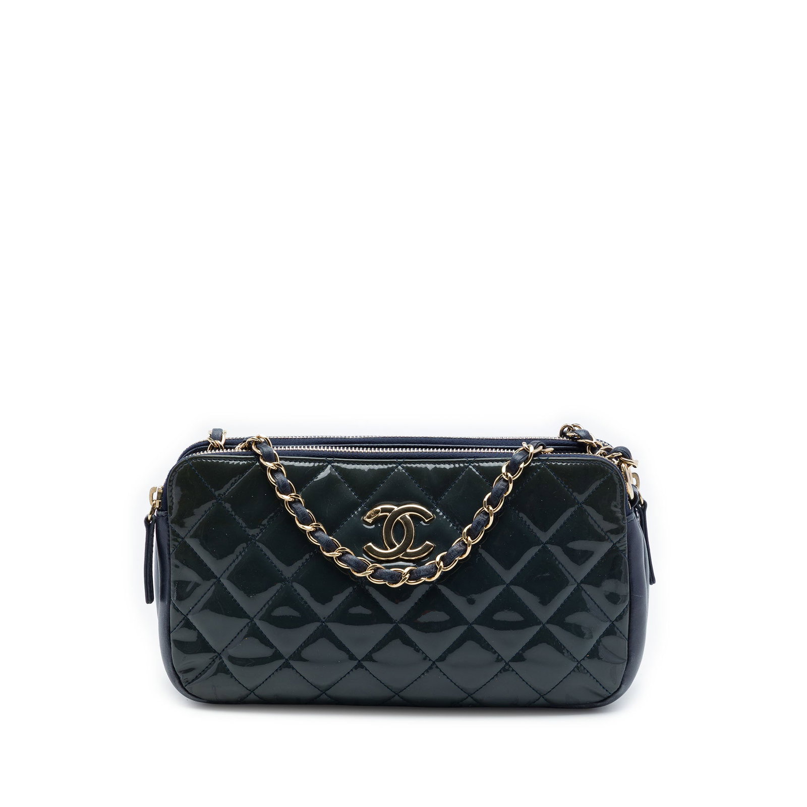 Chanel CC Crown Patent Leather Quilted Double Zip Crossbody Bag: Chanel CC Crown Patent Leather Quilted Double Zip Crossbody Bag Chanel quilted patent leather crossbody bag with the CC Crown Double Zip design. This bag features a leather-woven chain strap with a le