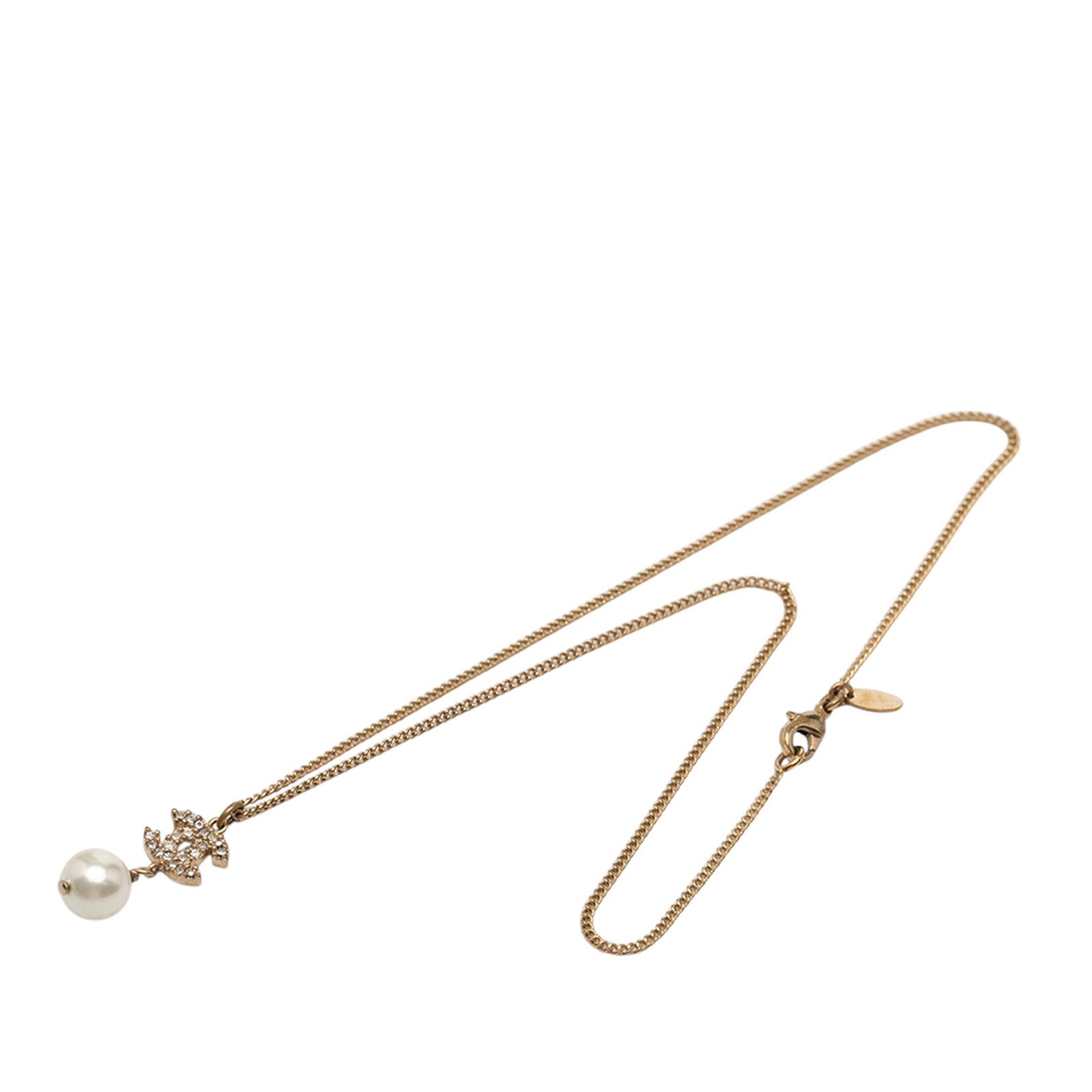 Chanel faux pearl CC pendant necklace gold plated strass: Chanel faux pearl CC pendant necklace gold plated strass This Chanel necklace features a gold-plated strass CC pendant adorned with a faux pearl, complemented by a gold-tone chain and secured with a l
