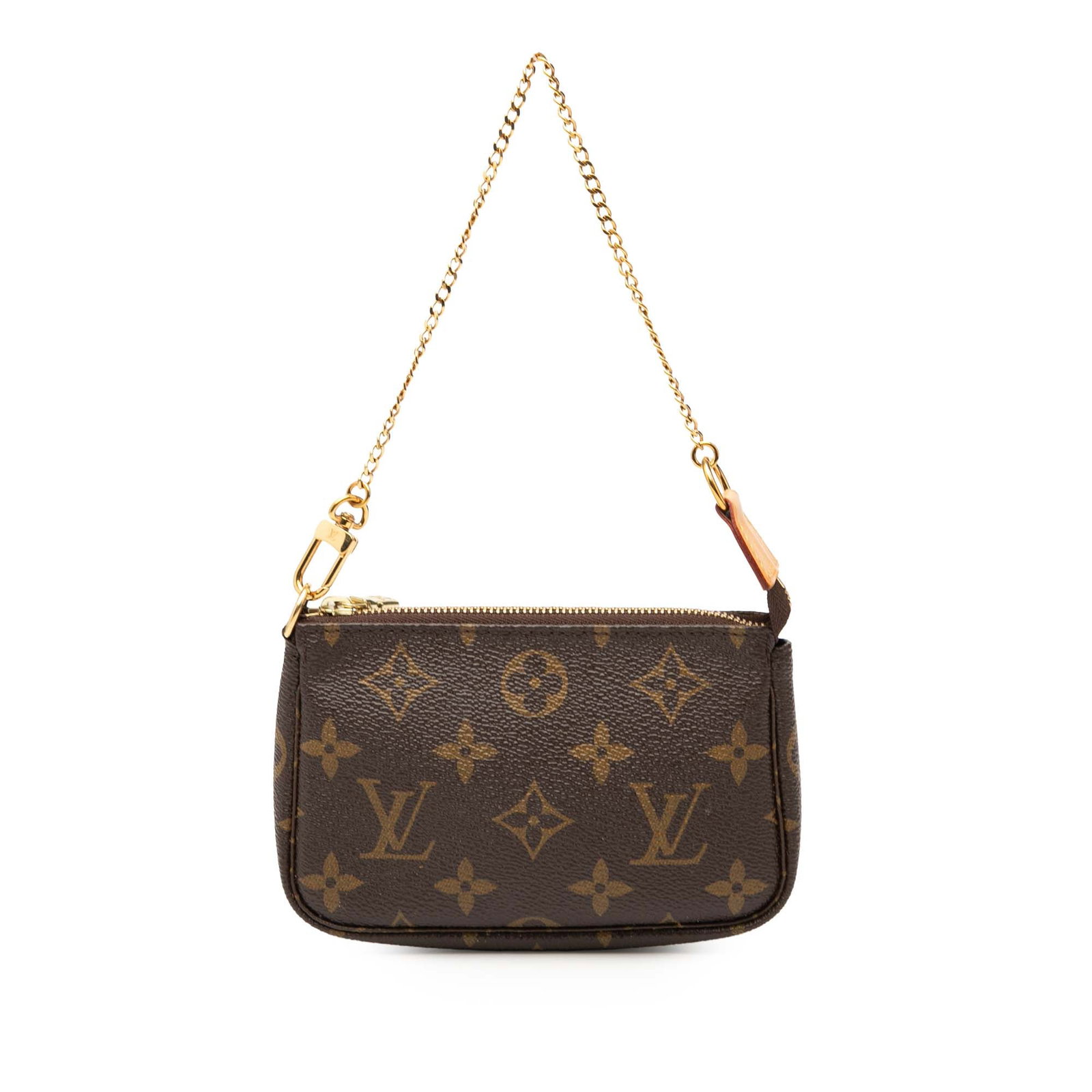 Louis Vuitton Mini Pochette Monogram Canvas Bag with Chain Strap: Louis Vuitton Mini Pochette Monogram Canvas Bag with Chain Strap This Louis Vuitton Mini Pochette Accessoires features the iconic monogram canvas exterior, complemented by a gold-tone chain strap and 