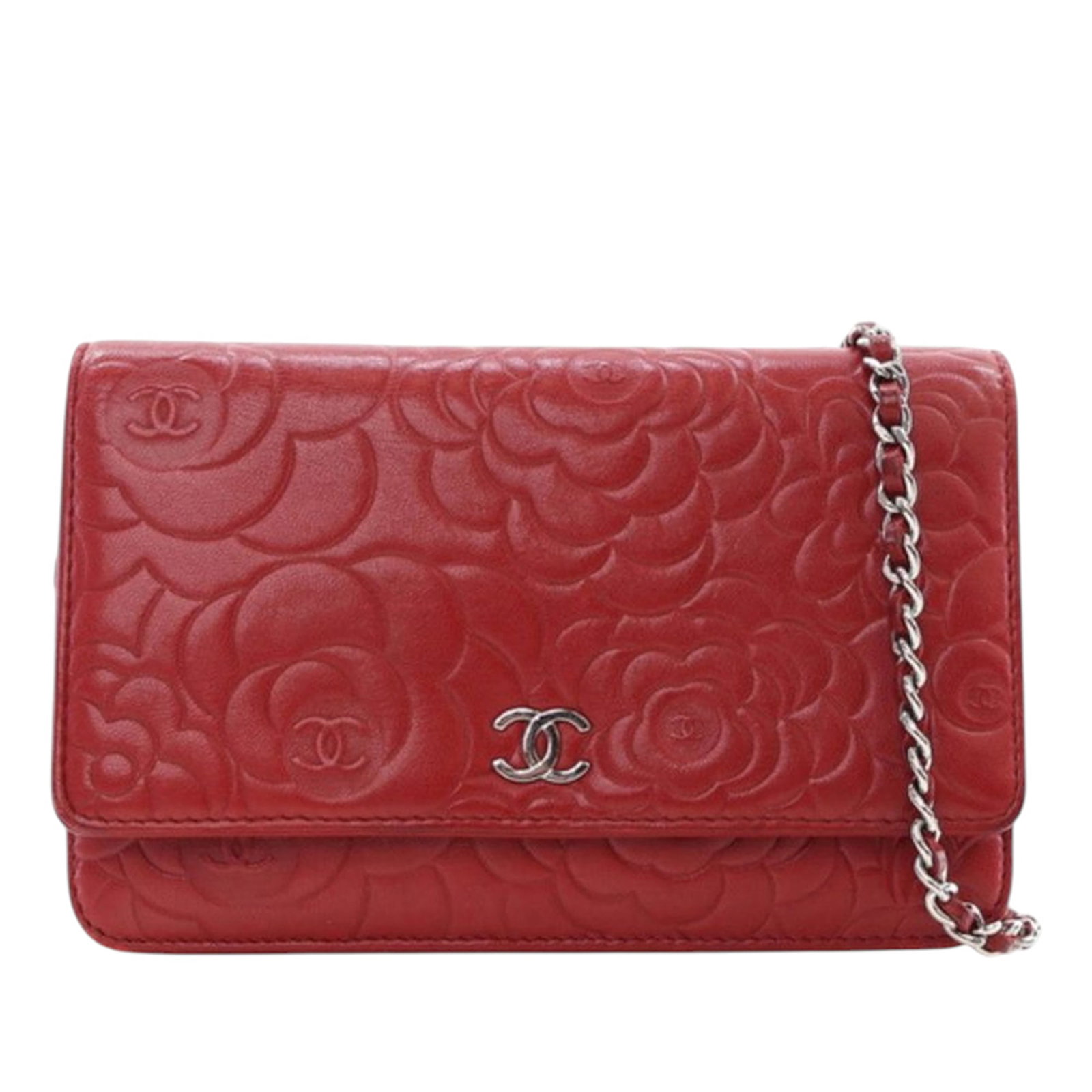 Chanel Camellia Wallet On Chain Red Lambskin Leather Bag: Chanel Camellia Wallet On Chain Red Lambskin Leather Bag This Chanel CC Embossed Lambskin Camellia Wallet On Chain is crafted from quilted lambskin leather in a vibrant red hue. It features a leather-