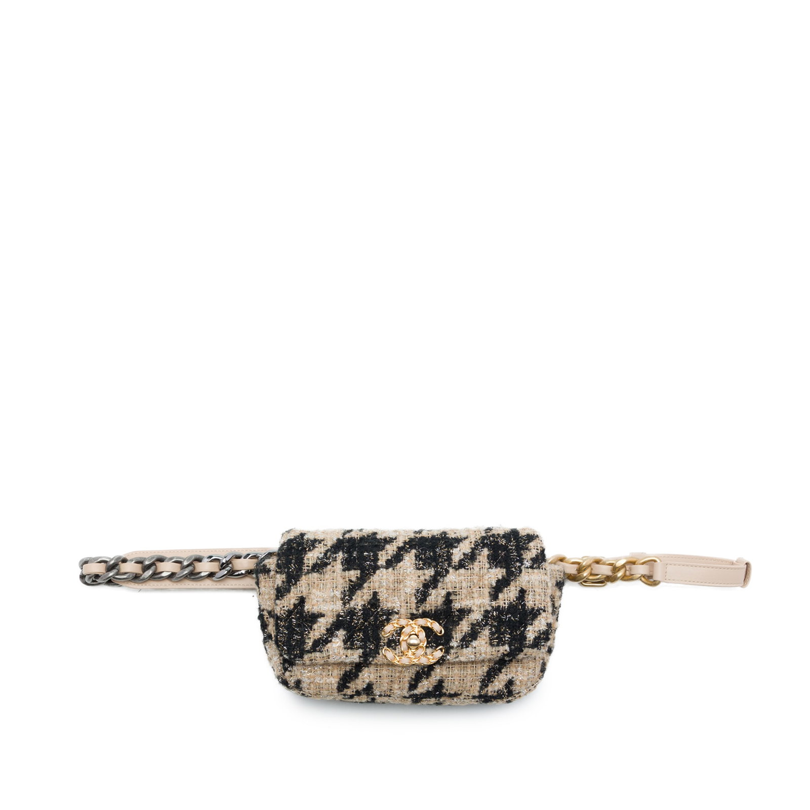 Chanel 19 Belt Bag in Beige Houndstooth Tweed: Chanel 19 Belt Bag in Beige Houndstooth Tweed Chanel Houndstooth Tweed 19 Belt Bag in beige with a tweed body, adjustable leather-woven chain and flat leather belt strap, front flap with CC turn-lock 
