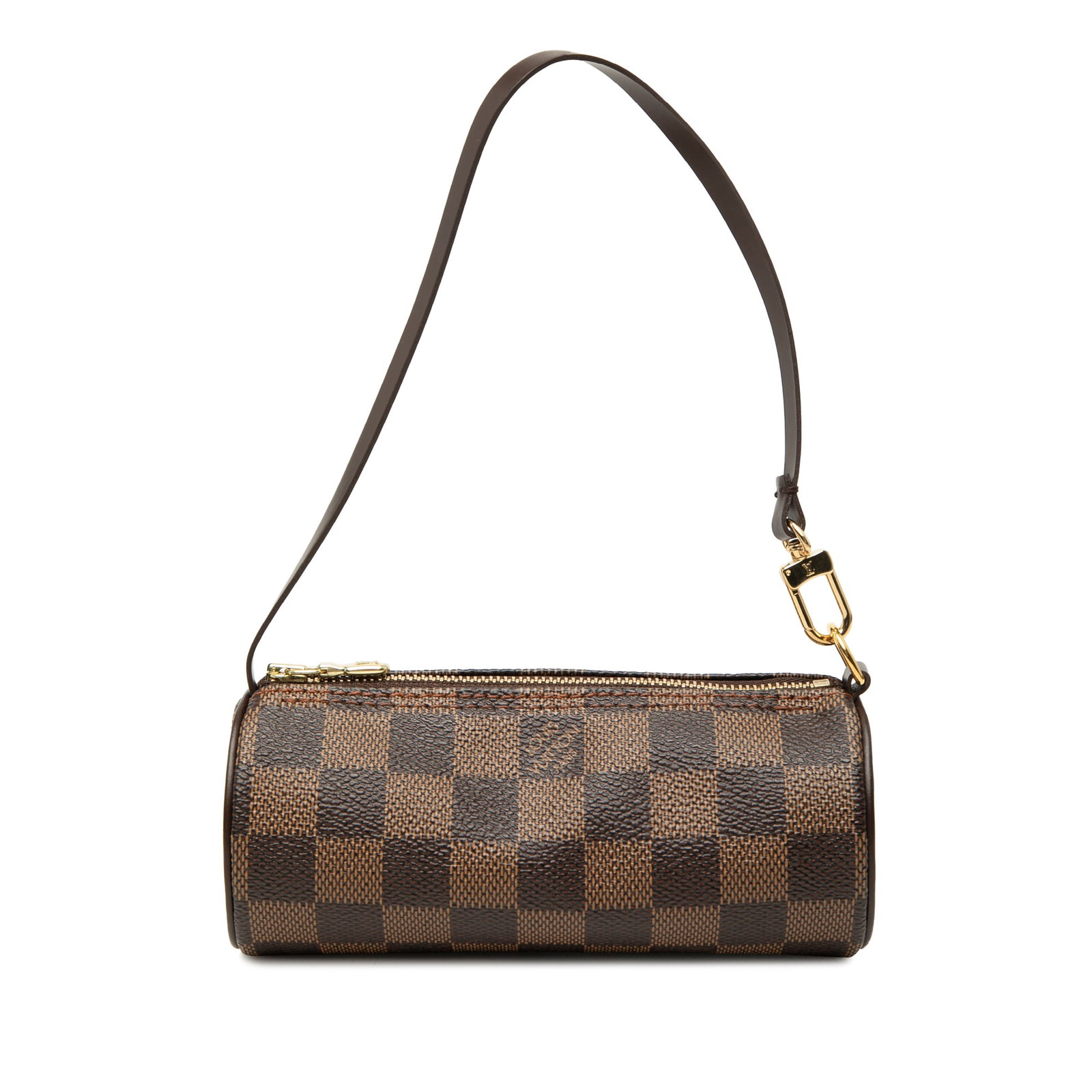 Louis Vuitton Papillon Pochette in Damier Ebene Canvas: Louis Vuitton Papillon Pochette in Damier Ebene Canvas Louis Vuitton Damier Ebene Papillon Pochette in brown with a damier ebene canvas body, leather trim, a flat leather strap, and a top zip closure.
