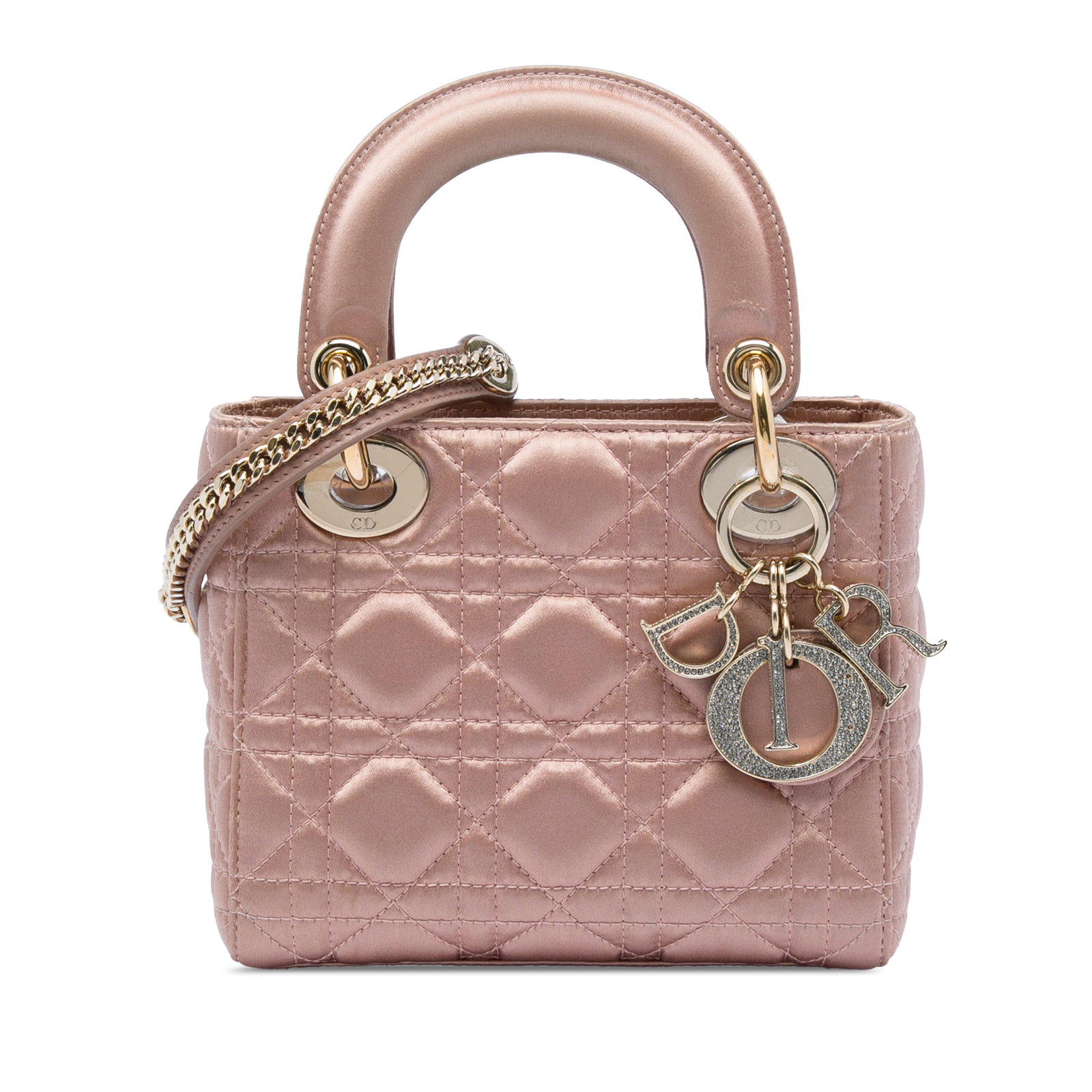 Dior Lady Dior Mini pink satin Swarovski crystal bag: Dior Lady Dior Mini pink satin Swarovski crystal bag Mini Lady Dior bag in pink quilted satin with Cannage detailing and Swarovski crystal embellishment. It features flat top handles, a detachable cha