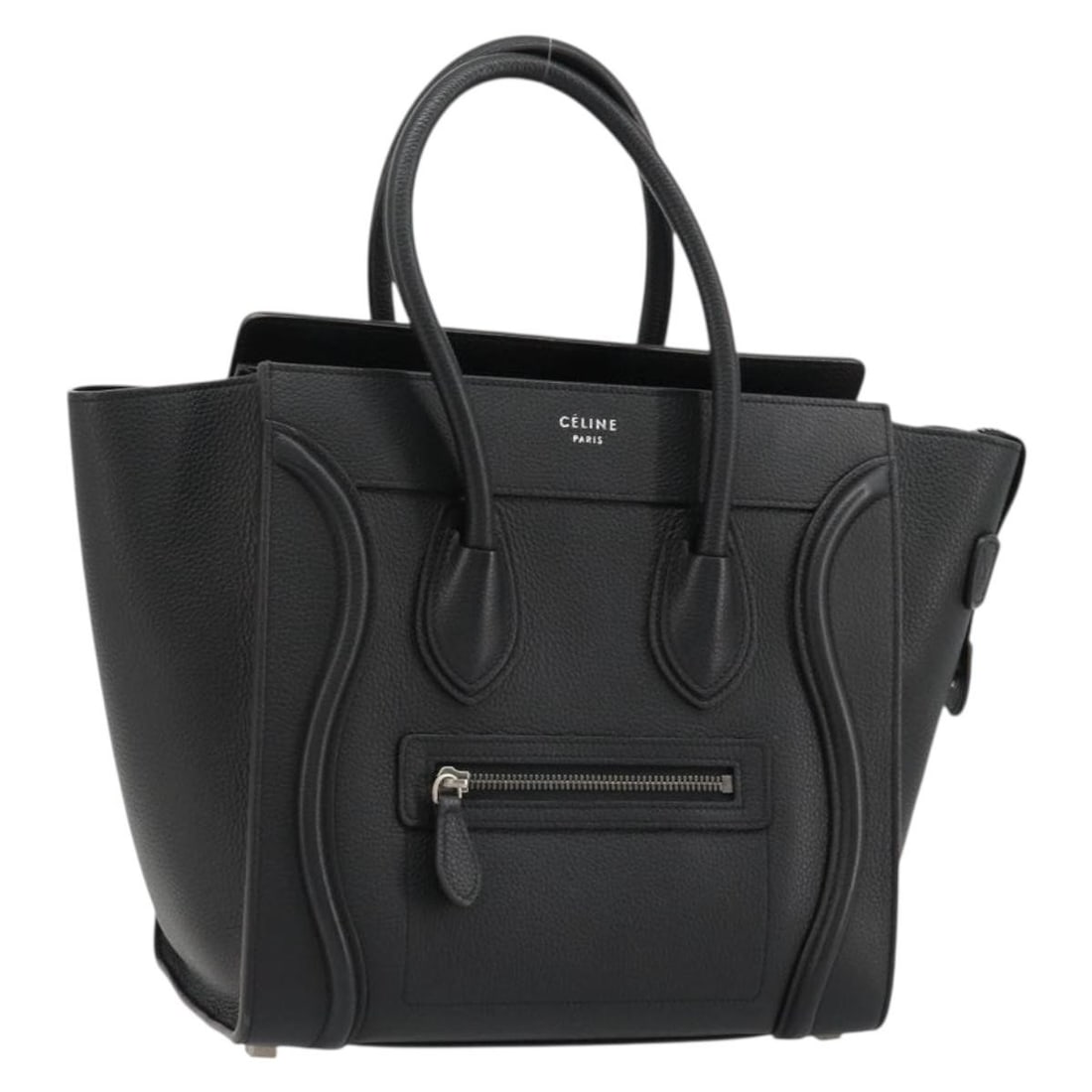 CELINE Luggage Micro Shopper Leather Hand Bag Black Silver: CELINE Luggage Micro Shopper Leather Hand Bag Black Silver Celine Luggage Micro Shopper handbag in black leather with silver-tone accents. Made in Italy, this women's handbag includes a dust bag. Cond