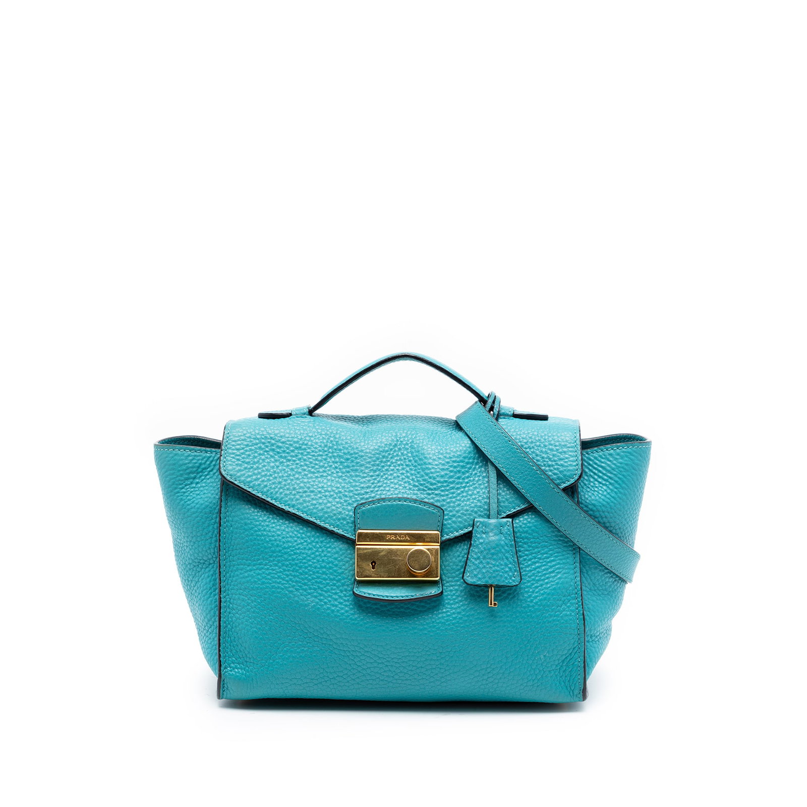 Prada blue leather satchel Vitello Daino Sound Lock: Prada blue leather satchel Vitello Daino Sound Lock This Prada Vitello Daino Sound Lock Satchel is crafted from blue leather and features rolled leather handles, a detachable flat leather strap, a top