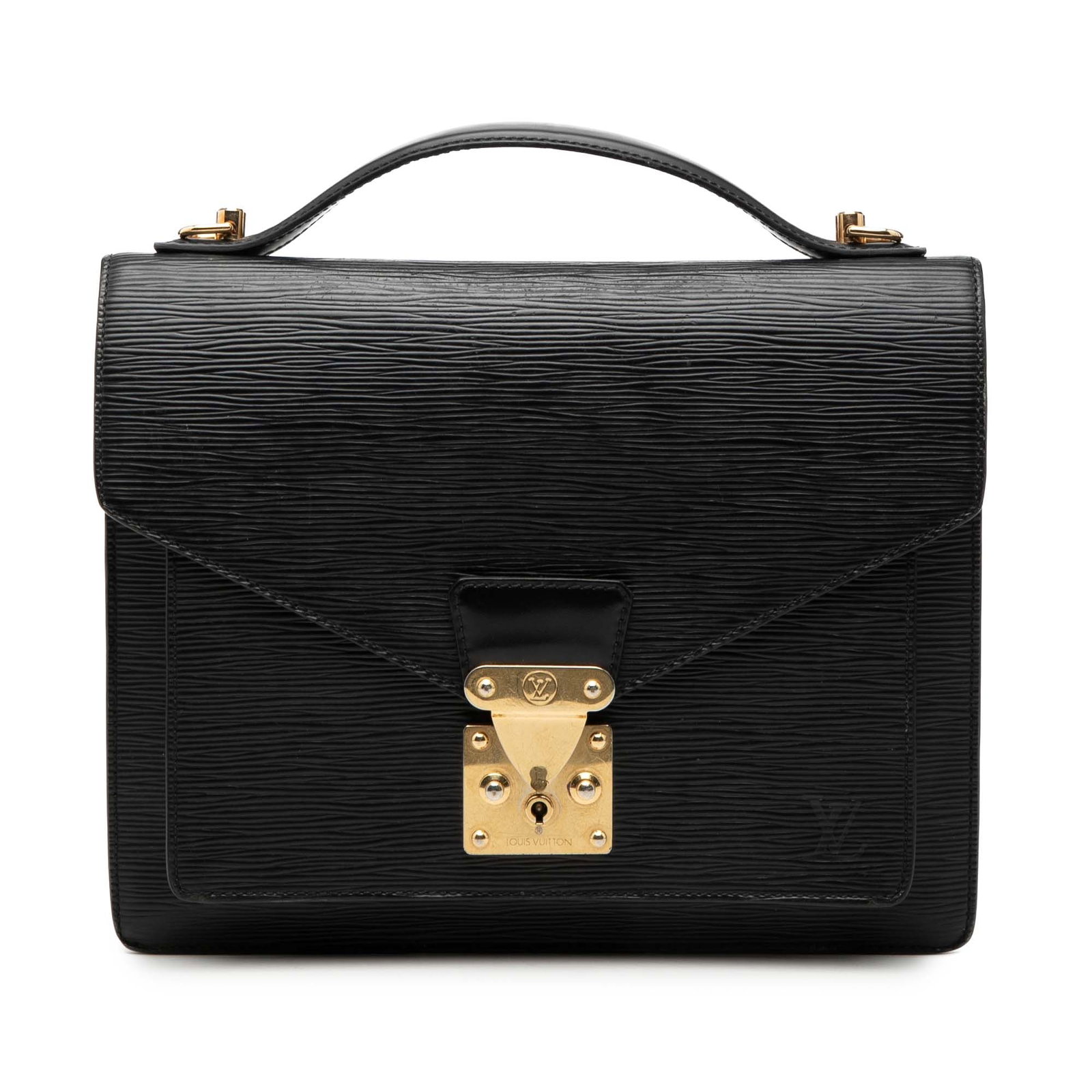 Louis Vuitton Monceau 28 Epi Leather Top Handle Bag Black: Louis Vuitton Monceau 28 Epi Leather Top Handle Bag Black Louis Vuitton Epi Monceau 28 handbag in black leather, crafted in France. This structured bag features a flat top handle, an exterior front fl