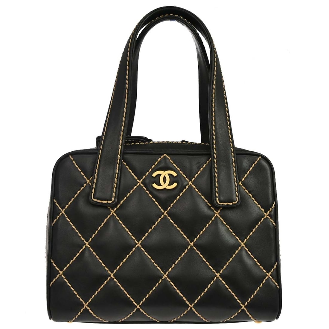 CHANEL Wild Stitch small black calfskin top handle bag: CHANEL Wild Stitch small black calfskin top handle bag Chanel Wild Stitch handbag in black calfskin with a structured top handle design. This women's small bag features multiple interior and exterior 