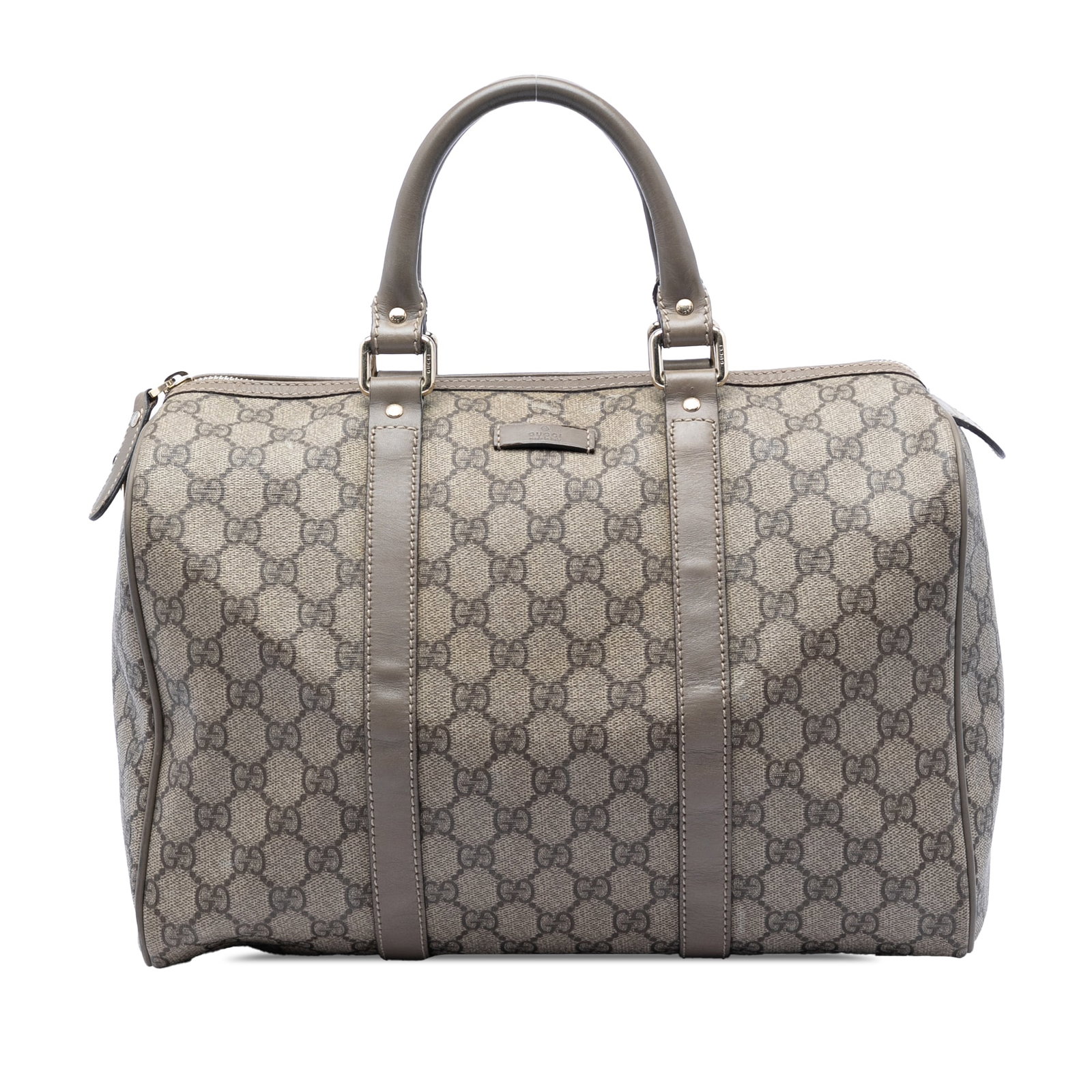 Gucci Joy Boston Bag Medium GG Supreme Coated Canvas: Gucci Joy Boston Bag Medium GG Supreme Coated Canvas Gucci Medium GG Supreme Joy Boston Bag with a coated canvas body, leather trim, rolled leather handles, top zip closure, and an interior slip pocke