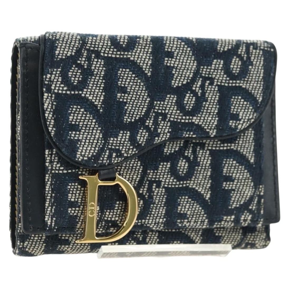 Christian Dior Trotter trifold wallet in navy canvas with gold accents: Christian Dior Trotter trifold wallet in navy canvas with gold accents Christian Dior trifold wallet in Trotter Canvas with a navy and gold colorway. Made in Italy, this women's wallet comes with a du