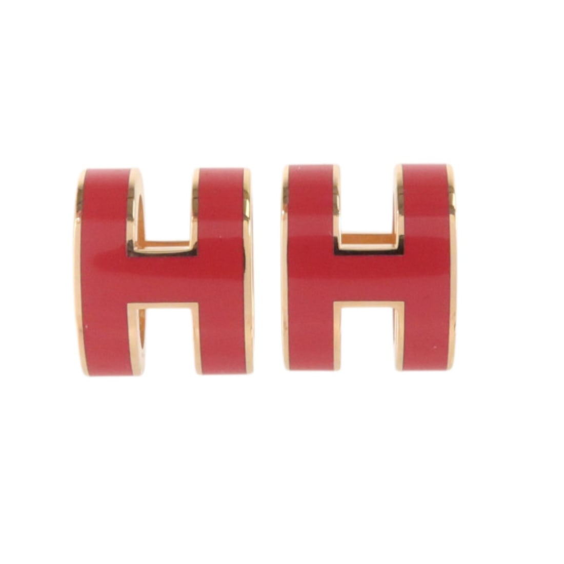 Hermes Pop H Pierced Earrings Red Enamel Rose Gold Tone: Hermes Pop H Pierced Earrings Red Enamel Rose Gold Tone Hermes Pop H pierced earrings in red enamel with rose gold-tone metal. This women's pair includes a storage box and is presented in very good co