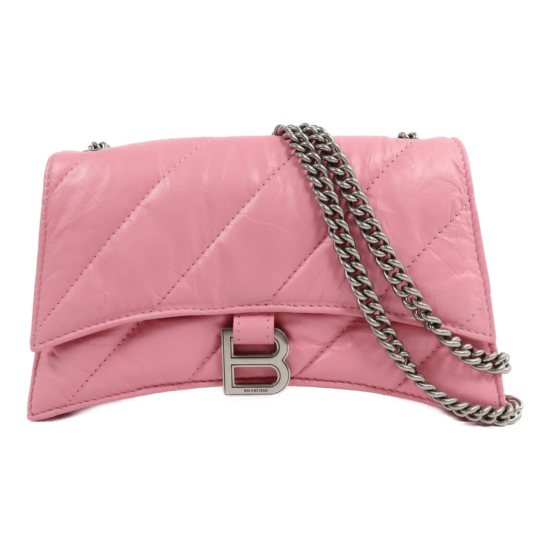 Balenciaga Crush Chain Shoulder Bag Pink Quilted Calfskin SHW: Balenciaga Crush Chain Shoulder Bag Pink Quilted Calfskin SHW Balenciaga Crush chain shoulder bag in pink quilted calfskin with a chain strap and magnetic pocket closure. The interior includes two ope