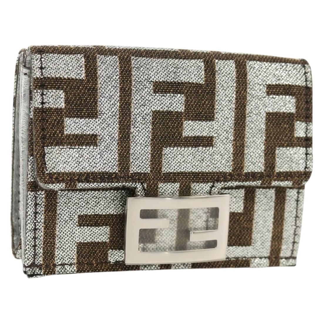 FENDI Zucca Canvas Wallet Silver Brown with Dust Bag Box: FENDI Zucca Canvas Wallet Silver Brown with Dust Bag Box Compact FENDI wallet crafted in silver and brown Zucca canvas. Made in Italy, this women's wallet includes a dust bag and item box. It is in ex