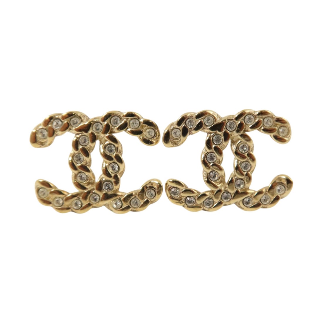 CHANEL B19P CC Pierced Earrings Gold Tone Pair: CHANEL B19P CC Pierced Earrings Gold Tone Pair Pierced CHANEL CC earrings in gold and light gold metal. The piece is described as size 18 mm x 21 mm and includes no accessories. Condition is AB: Very 