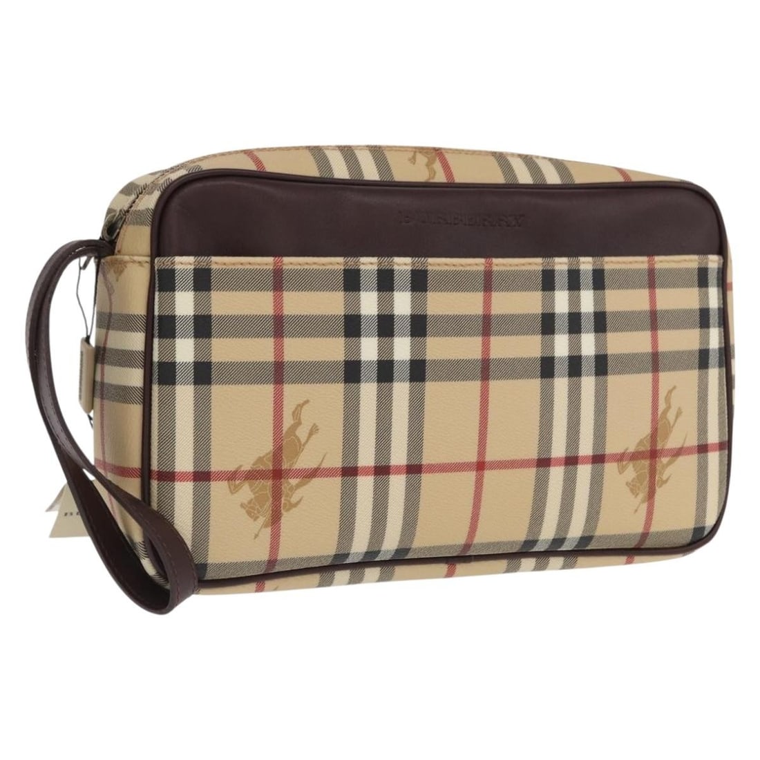 Beige PVC Leather Clutch Burberry Nova Check Pattern with Box: Beige PVC Leather Clutch Burberry Nova Check Pattern with Box This Burberry clutch bag features the iconic Nova Check pattern in beige PVC leather. Designed with a sleek silhouette, it offers a compac