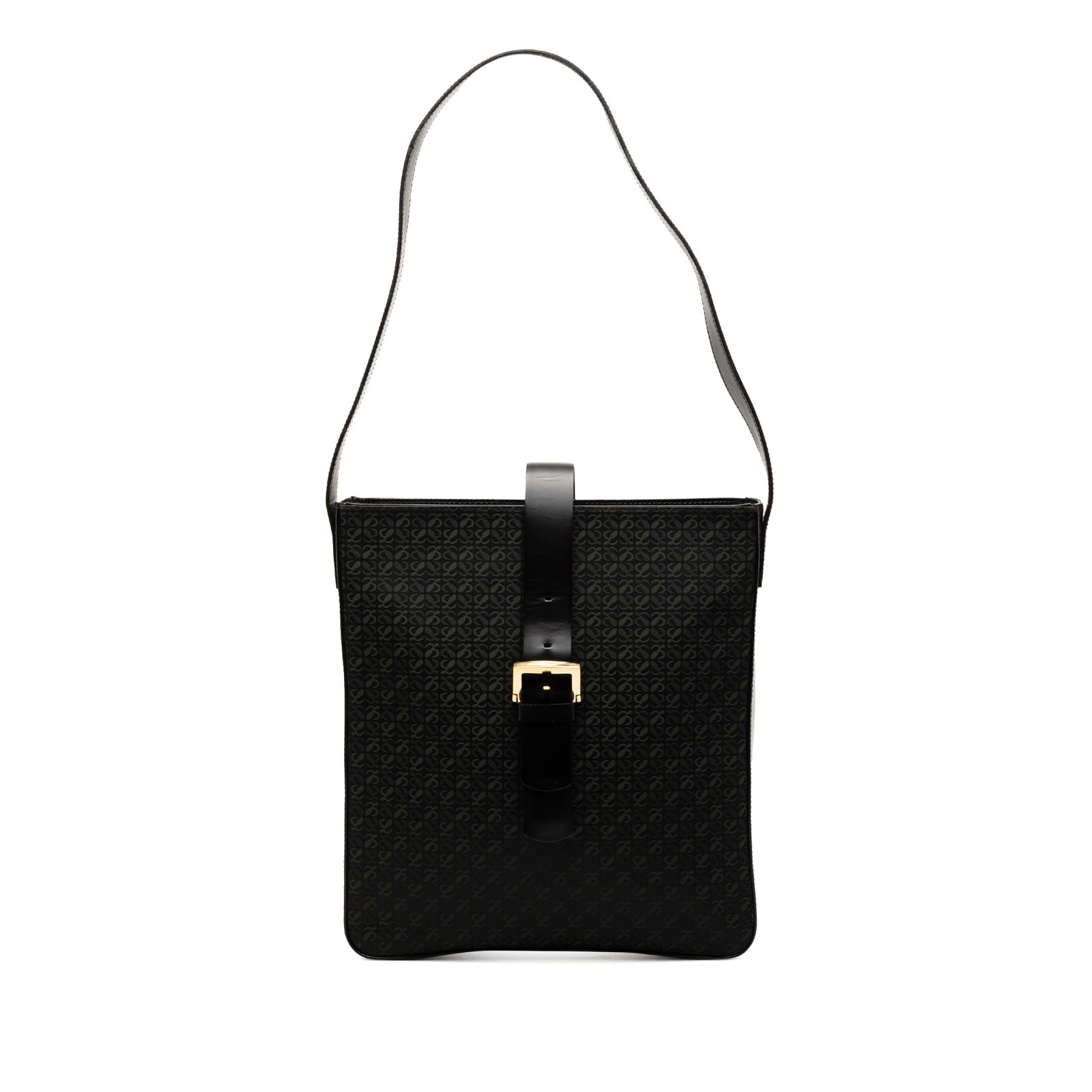 Loewe Anagram Canvas Shoulder Bag with Leather Trim: Loewe Anagram Canvas Shoulder Bag with Leather Trim This LOEWE Anagram Canvas Shoulder Bag features a canvas body accented with leather trim, a flat leather shoulder strap, an open top with a strap an