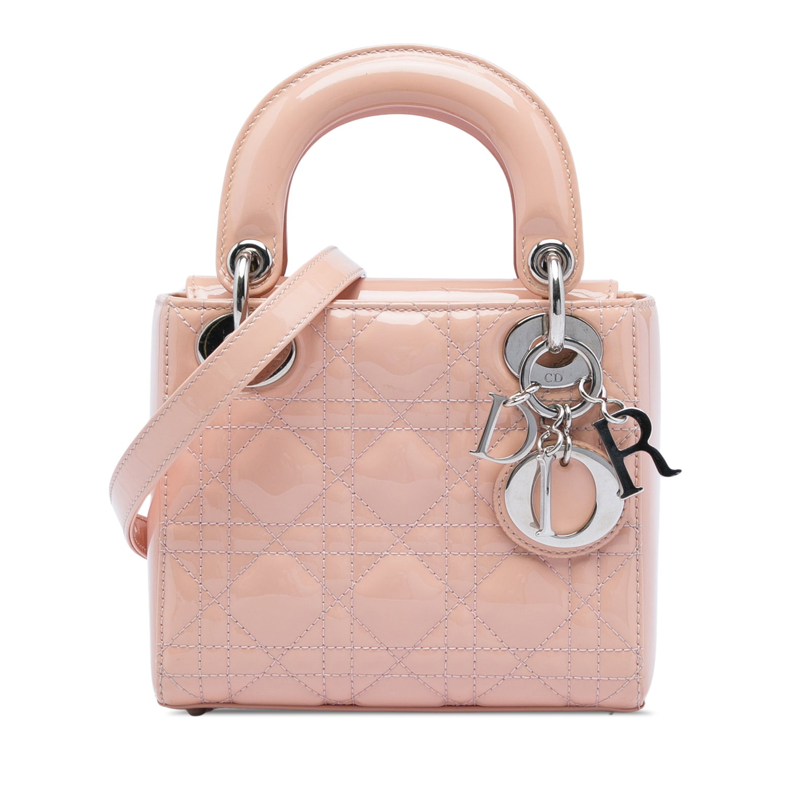 Dior Lady Dior Mini Cannage Patent Leather Bag Pink: Dior Lady Dior Mini Cannage Patent Leather Bag Pink This Lady Dior bag features a quilted patent leather body with flat top handles, a detachable flat strap, a fold-in flap closure, and an interior zi
