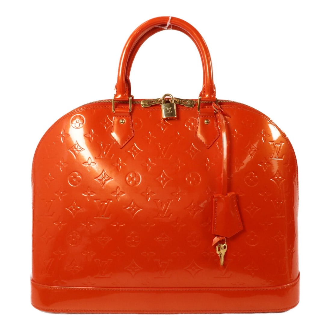 Louis Vuitton Alma GM M93626 Orange Monogram Vernis Patent Leather Handbag: Louis Vuitton Alma GM M93626 Orange Monogram Vernis Patent Leather Handbag Louis Vuitton Alma GM handbag in orange Monogram Vernis with patent leather exterior. It features a structured silhouette, to