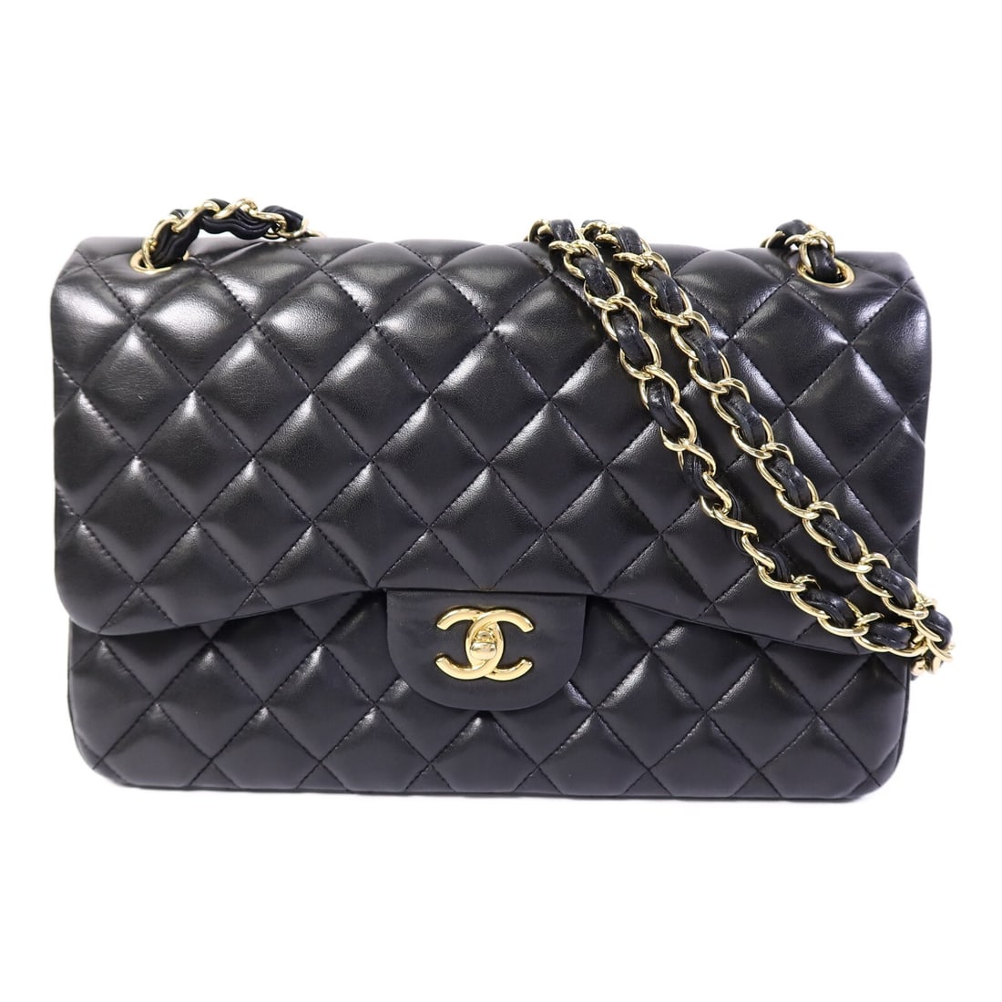 CHANEL A58600 Large Classic Flap Shoulder Bag Black Lambskin GHW: CHANEL A58600 Large Classic Flap Shoulder Bag Black Lambskin GHW A CHANEL Large Classic Chain Shoulder Bag in black lambskin (sheep leather) with gold-tone hardware. The bag is a shoulder style and fe