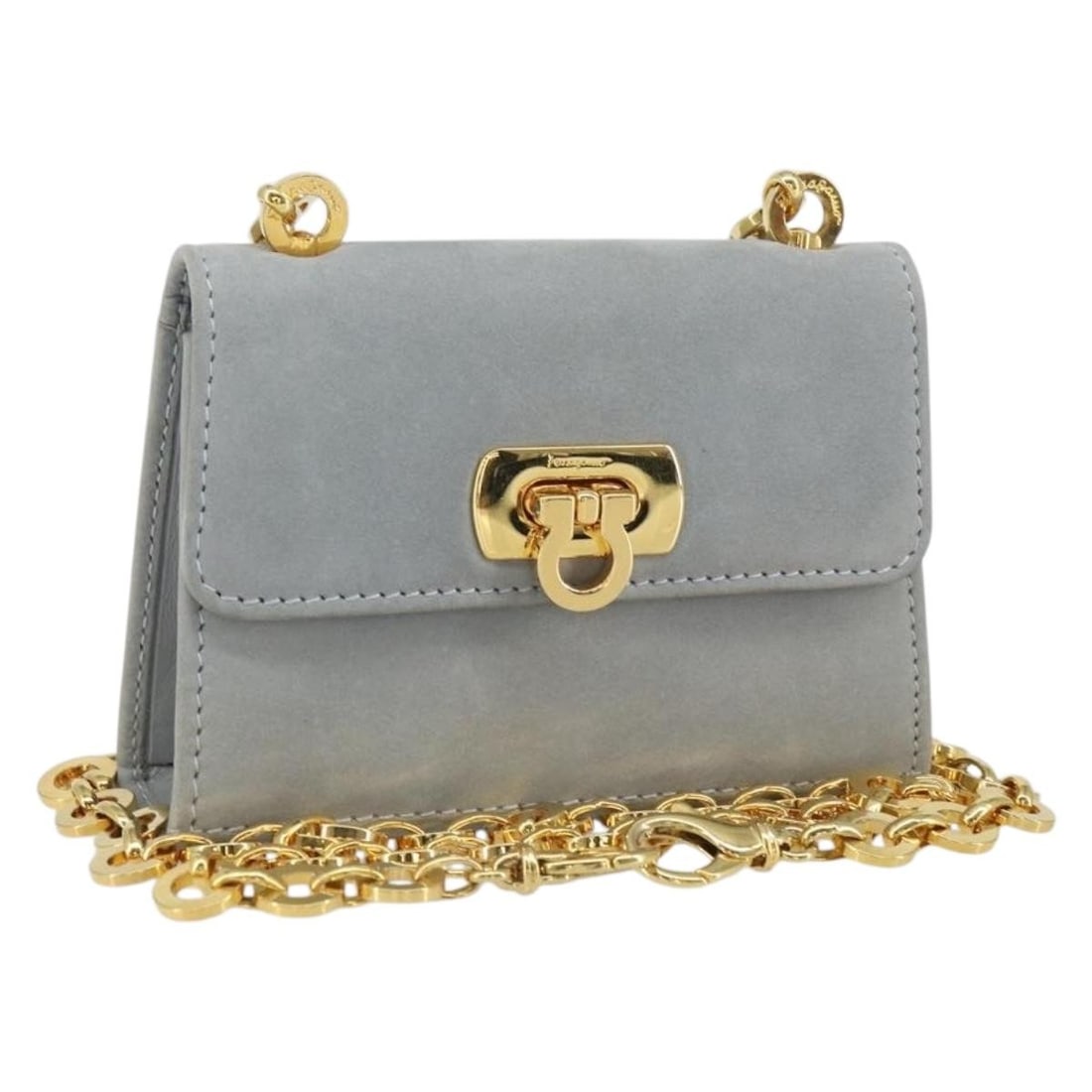 Salvatore Ferragamo Gancini suede shoulder pouch gray with chain strap: Salvatore Ferragamo Gancini suede shoulder pouch gray with chain strap A Salvatore Ferragamo Gancini Chain Shoulder Pouch in suede with a gray and gold exterior. This women's shoulder bag is made in I