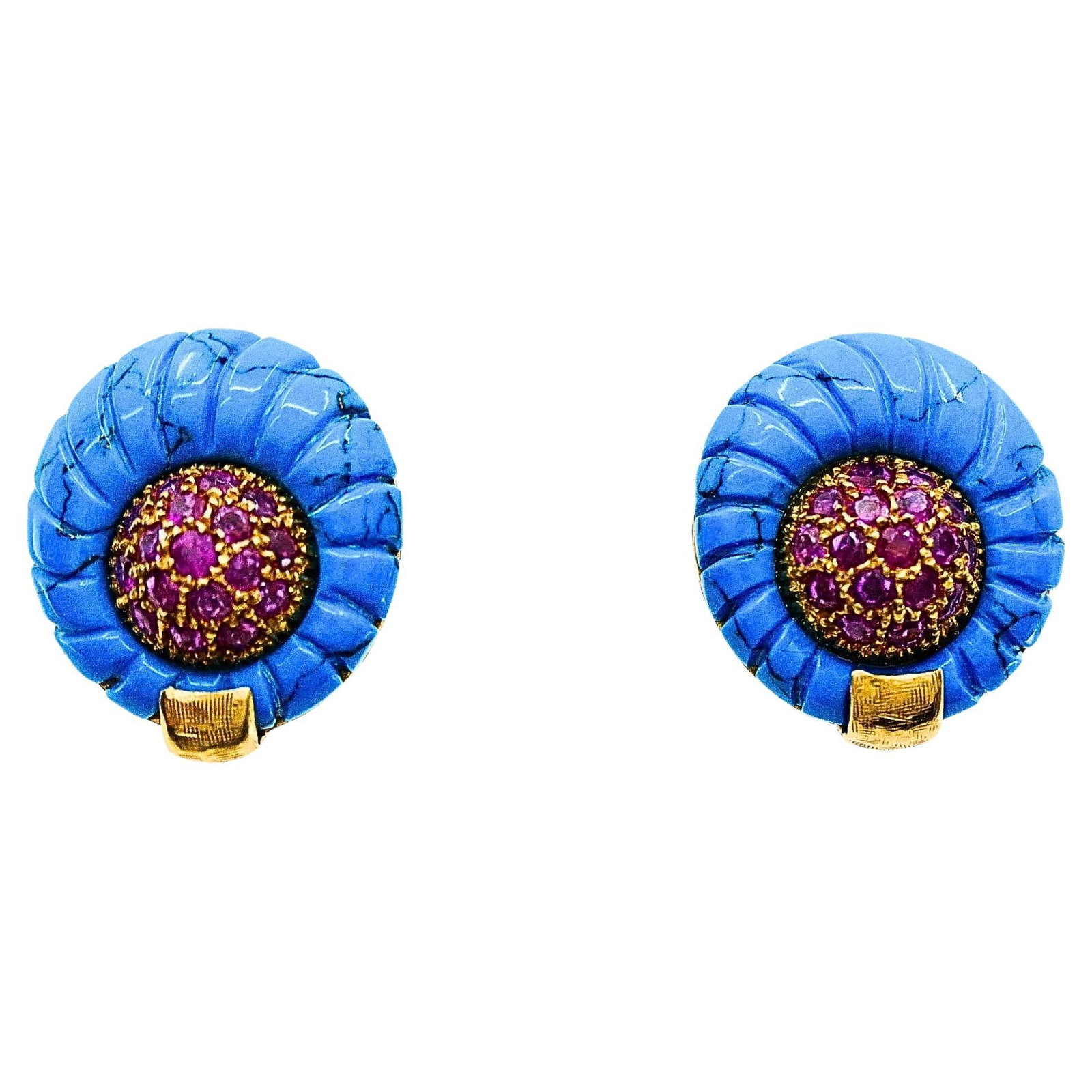 18k Gold Stud Earrings with Carved Turquoise and Pave Ruby Dome: 18k Gold Stud Earrings with Carved Turquoise and Pave Ruby Dome Vintage 18k gold stud earrings featuring carved turquoise and pave rubies in a rounded button silhouette. The design has a domed cluster
