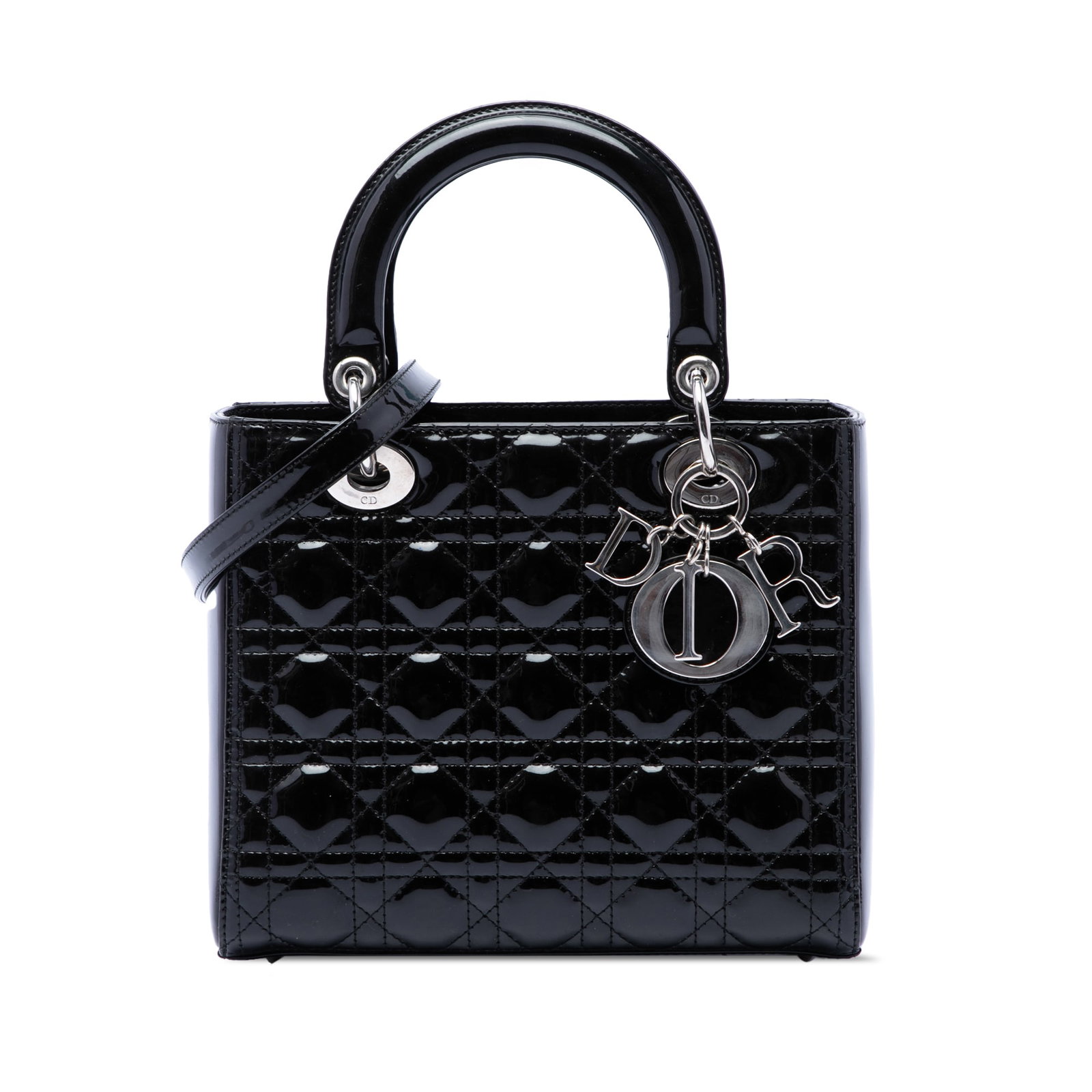 Dior Lady Dior Medium Cannage Patent Leather Handbag Black: Dior Lady Dior Medium Cannage Patent Leather Handbag Black Medium Lady Dior handbag in black patent leather with Cannage quilting. This bag features flat top handles, a detachable flat leather strap, 
