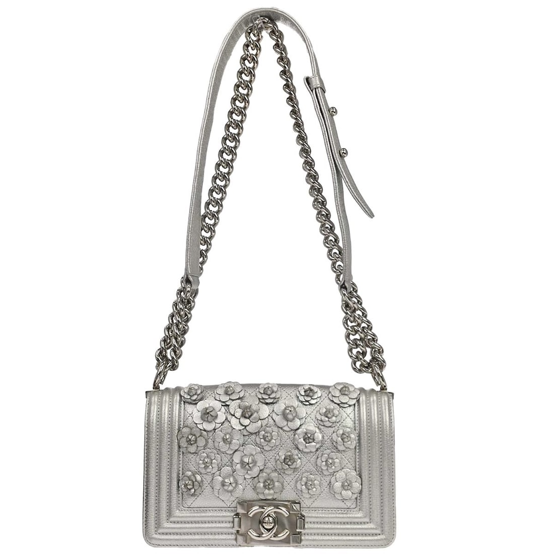 Chanel Boy Camellia Applique Mini Lambskin Shoulder Bag Silver: Chanel Boy Camellia Applique Mini Lambskin Shoulder Bag Silver Boy Chanel small chain shoulder bag in silver lambskin leather with camellia applique, a clasp flap closure, chain shoulder strap, fabric