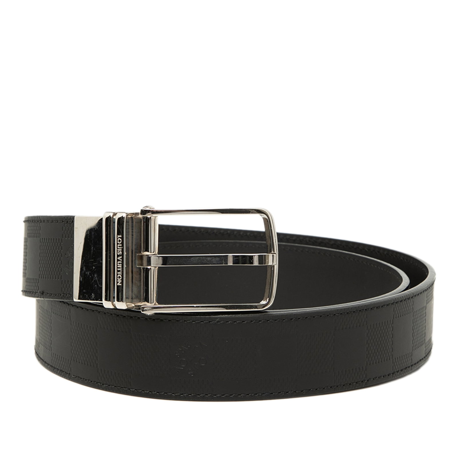 Louis Vuitton Damier Infini reversible leather belt with silver plated buckle: Louis Vuitton Damier Infini reversible leather belt with silver plated buckle Louis Vuitton Damier Infini Boston reversible belt in black leather with a silver-plated buckle. Made in Spain, this acces