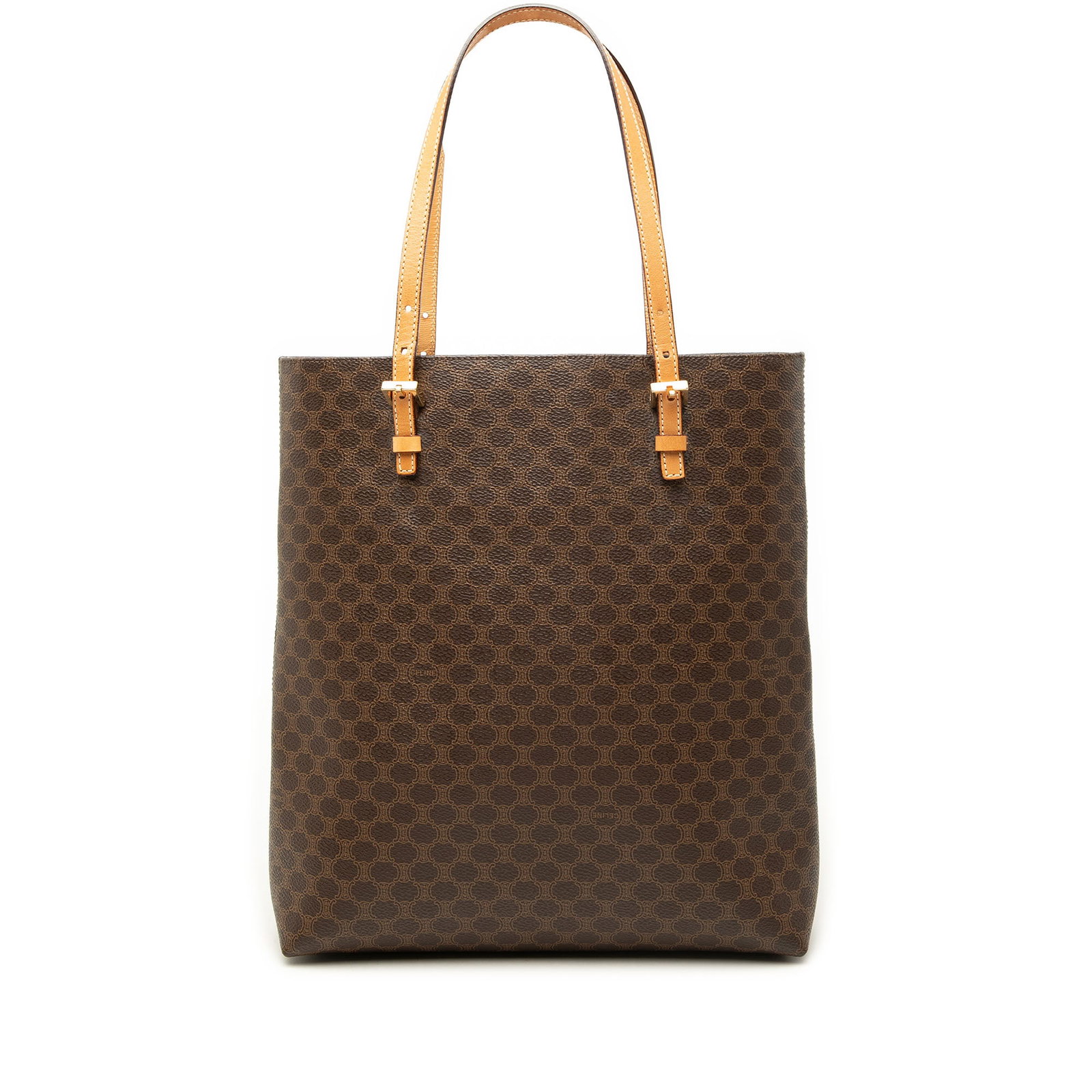 Celine Macadam Tote Bag in Brown Coated Canvas: Celine Macadam Tote Bag in Brown Coated Canvas Celine Macadam coated canvas tote with adjustable flat leather straps, an open top, and interior zip and slip pockets. Made in Italy. Condition is B+ wit
