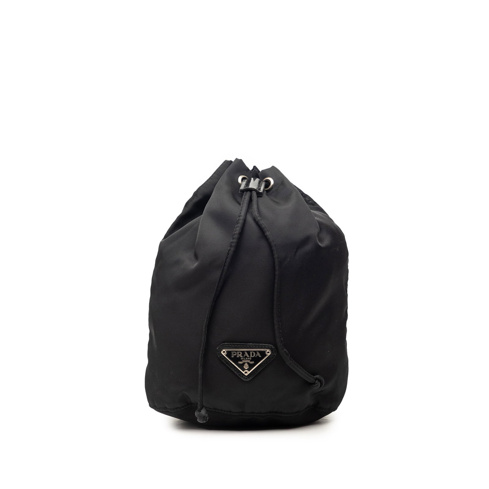 Prada Tessuto Nylon Drawstring Pouch Black Italy: Prada Tessuto Nylon Drawstring Pouch Black Italy Prada Tessuto drawstring pouch in black fabric with a nylon body and top drawstring closure. Made in Italy. Condition is B+ with visible wear, includin